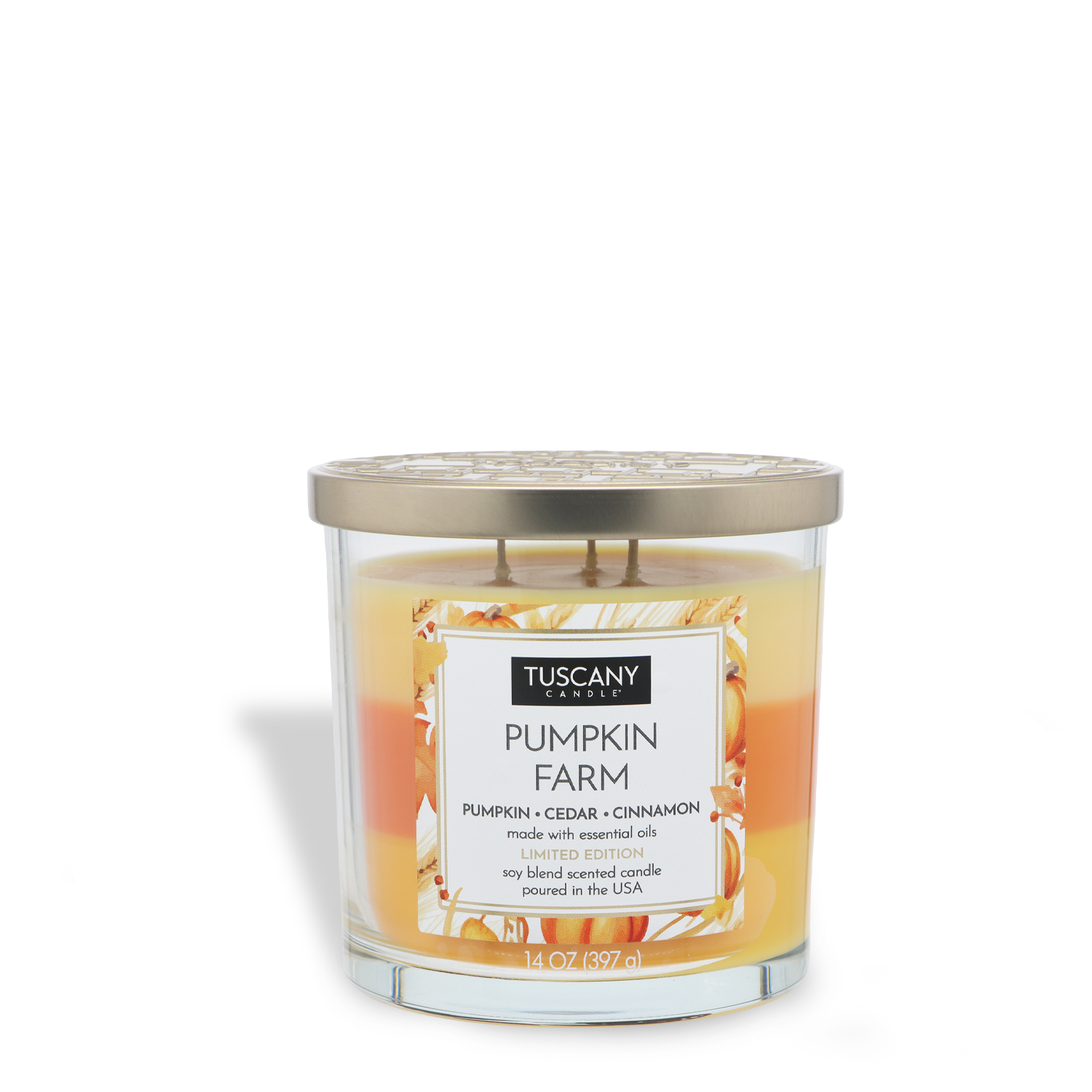 The Tuscany Candle® SEASONAL Pumpkin Farm: Cedar & Cinnamon Scented Fall Candle (14 oz) features pumpkin, cedar, and cinnamon fragrances in a clear glass jar with a gold lid.