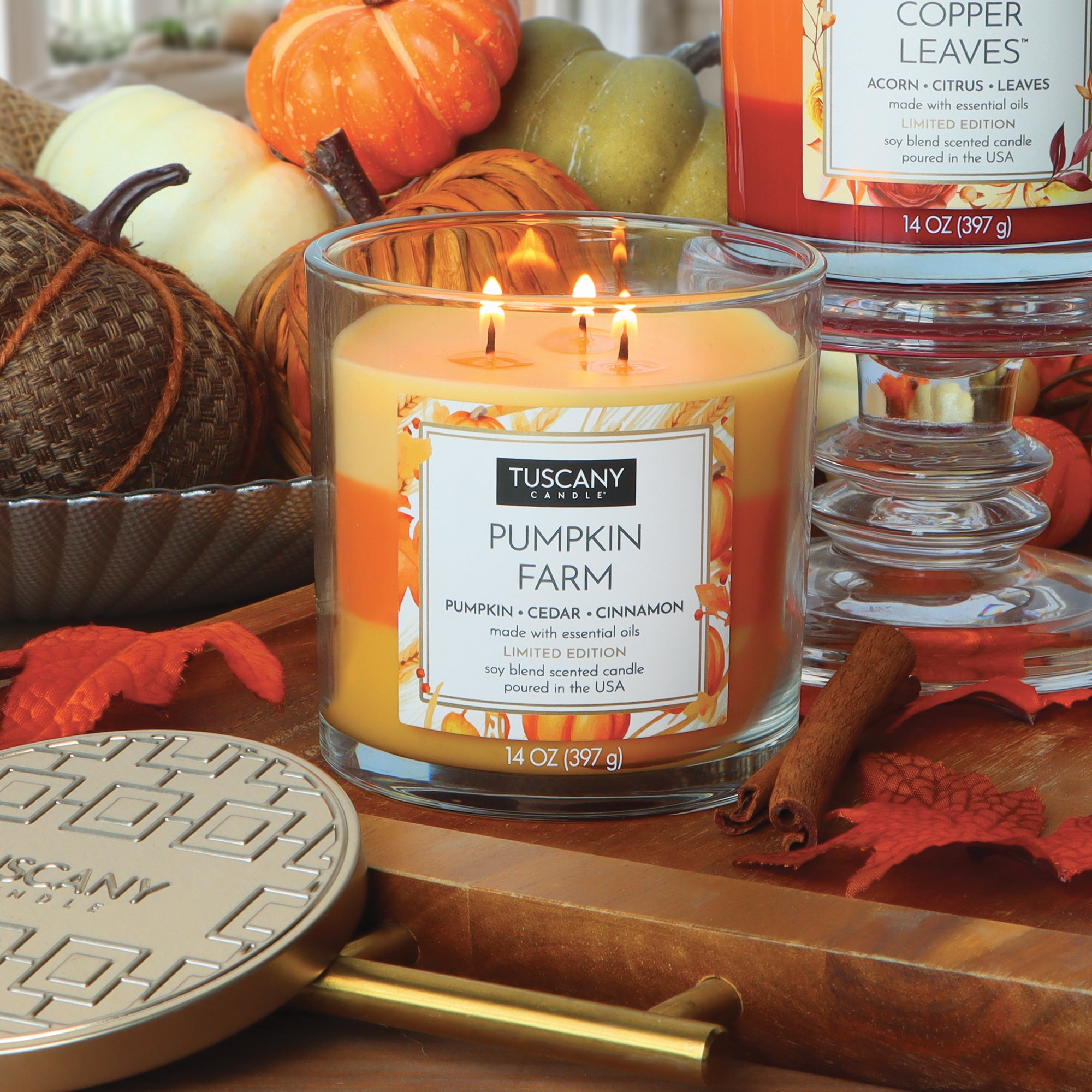 A Tuscany Candle® SEASONAL Pumpkin Farm: Cedar & Cinnamon Scented Fall Candle (14 oz) sits on a wooden surface with autumn decor, pumpkins, and another Tuscany Candle® labeled "Copper Leaves" in the background.
