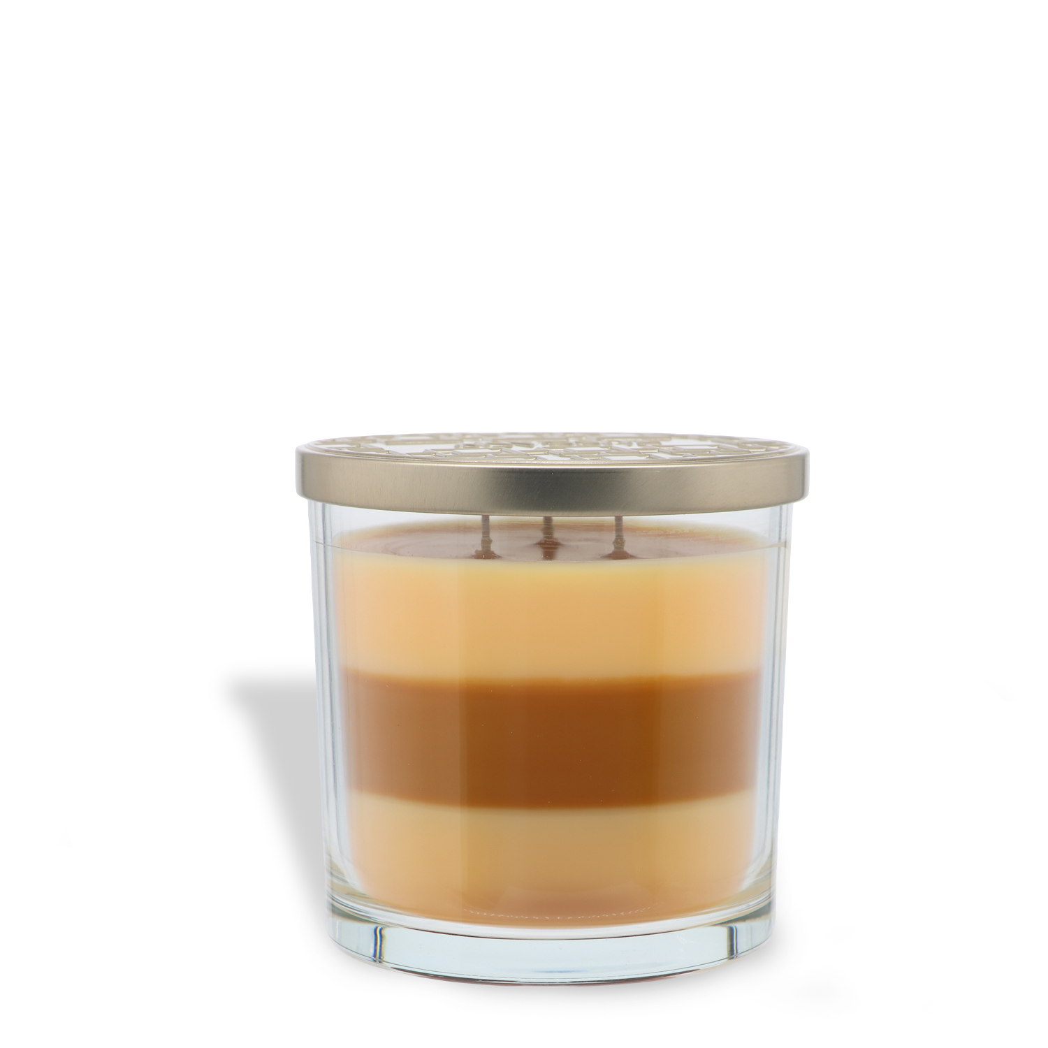 The Tuscany Candle® SEASONAL Whipped Vanilla: Butterscotch & Cream Scented Fall Candle (14 oz) features alternating tan and brown wax layers in a glass jar with a metallic lid, displayed against a white background.