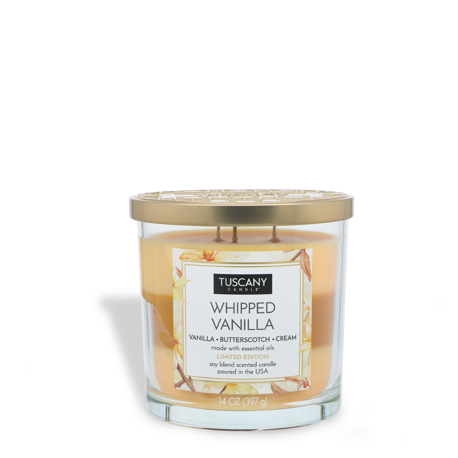 Tuscany Candle® SEASONAL Whipped Vanilla: Butterscotch & Cream Scented Fall Candle, 14 oz glass jar with gold lid, poured in the USA.
