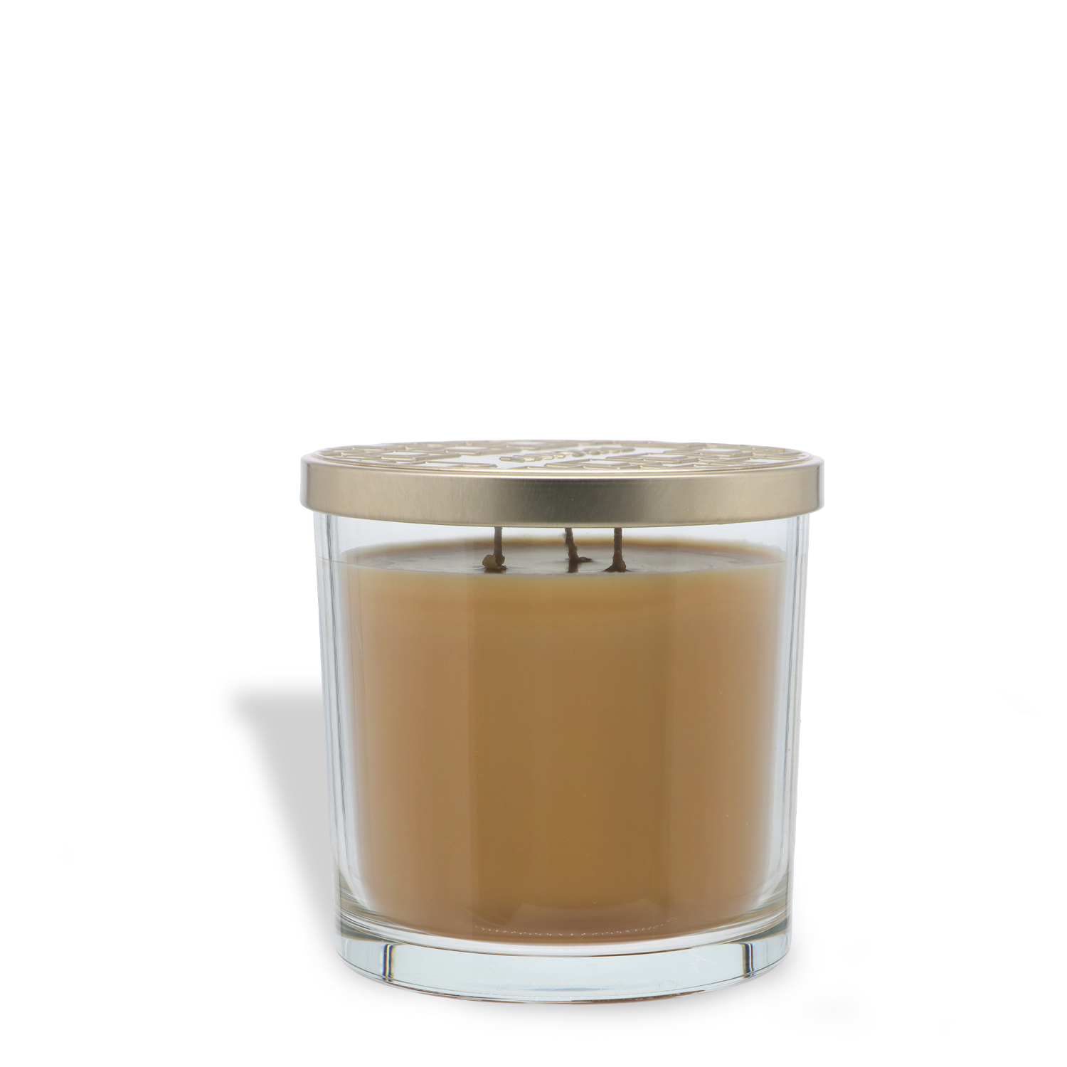 The Tuscany Candle® SEASONAL Salted Maple Chai: Cream & Cinnamon Scented Fall Candle (14 oz) features beige wax with three wicks in a glass jar and a metallic lid, displayed on a white background.