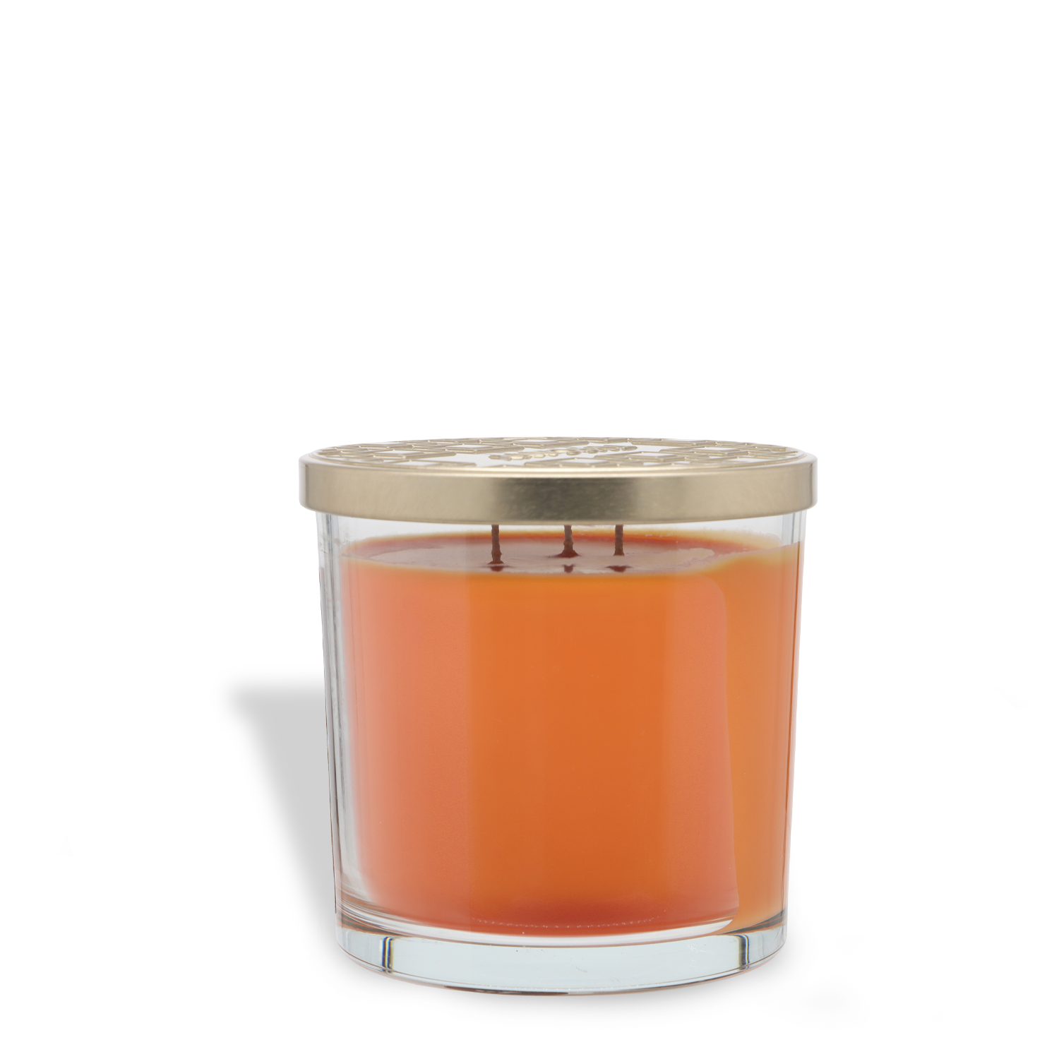 The Tuscany Candle® SEASONAL Pumpkin Cheesecake: Caramel & Vanilla Scented Fall Candle (14 oz) features orange wax with three wicks in a glass jar and is finished with a metallic gold lid.