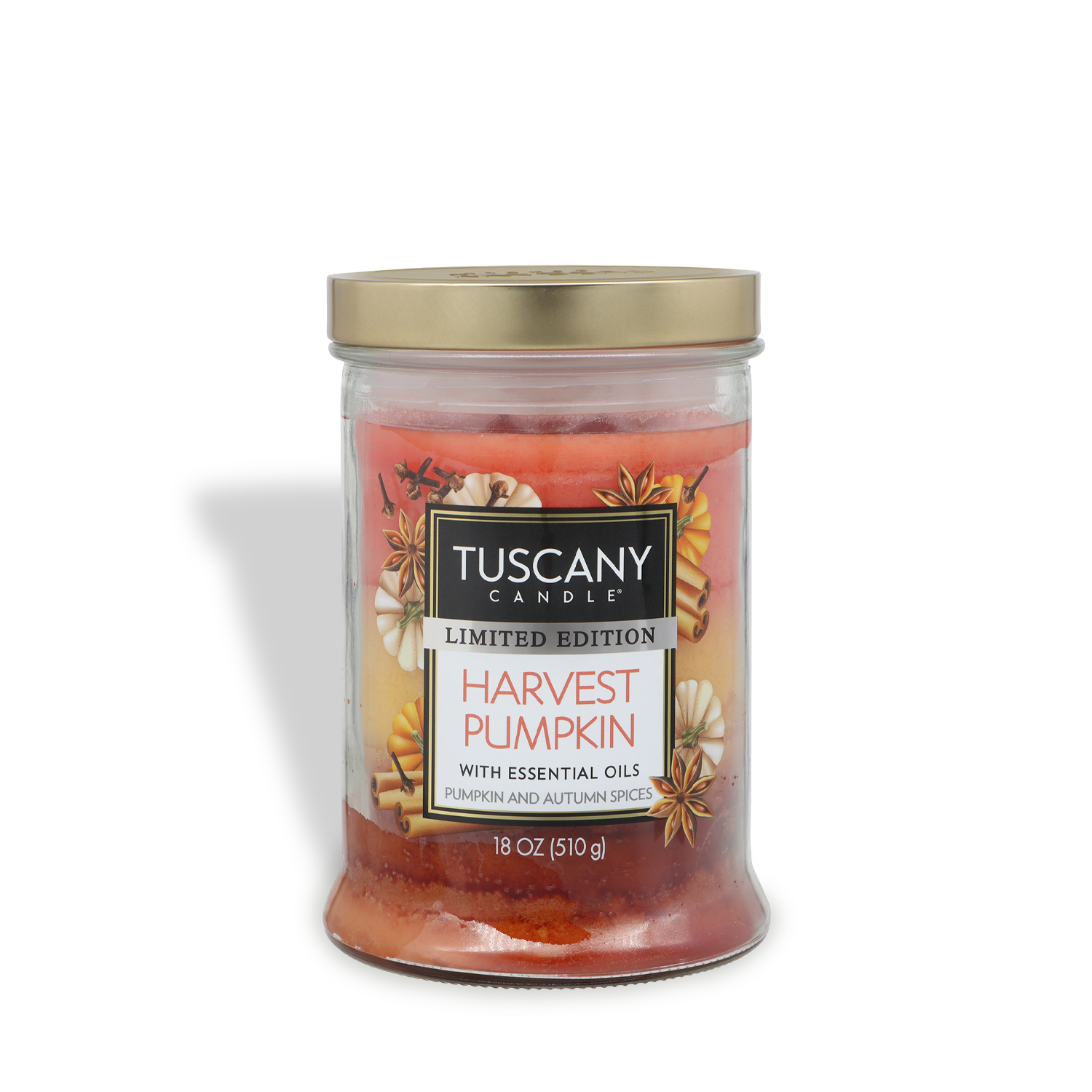 A Tuscany Candle® SEASONAL jar labeled "Harvest Pumpkin: Pumpkin & Autumn Spices Scented Fall Candle" features pumpkins, spices, a gold lid, and essential oils. The jar holds 18 oz (510 g) of candle.