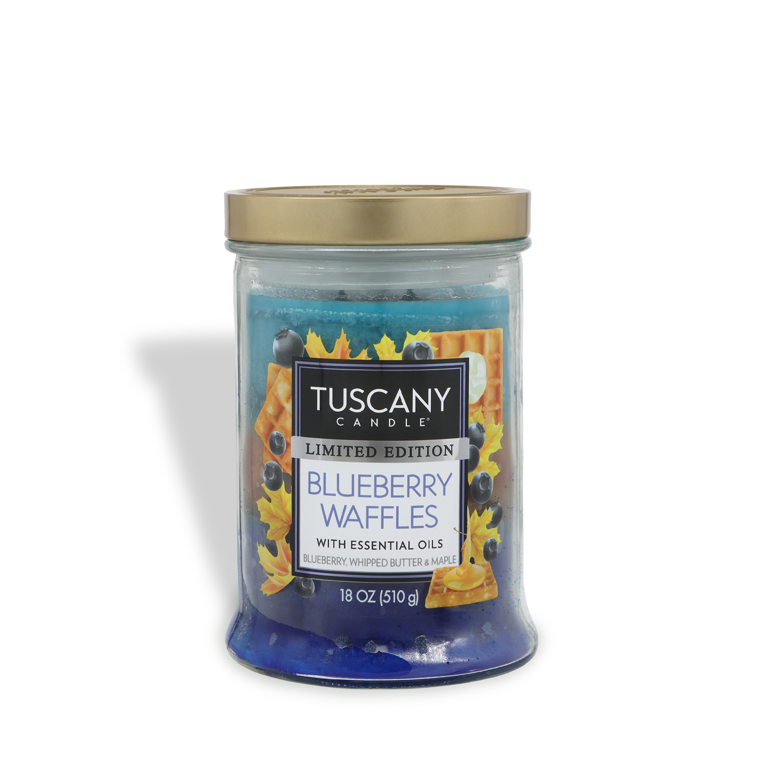 An 18 oz Tuscany Candle® SEASONAL jar candle labeled "Blueberry Waffles: Whipped Butter & Maple Scented Fall Candle" with a gold lid.
