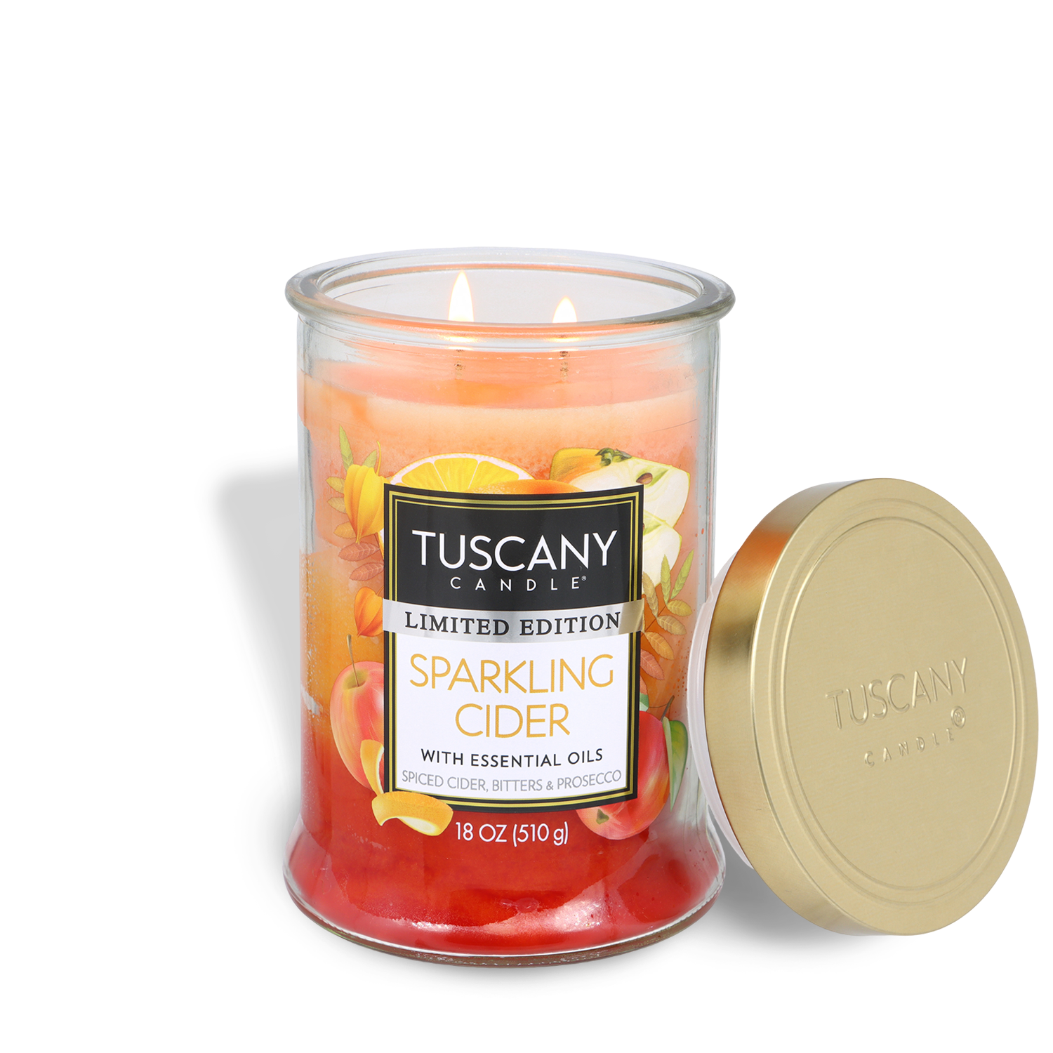 Tuscany Candle® SEASONAL Sparkling Cider: Bitters & Prosecco Scented Fall Candle (18 oz) in a glass jar with two wicks, essential oils, and a gold lid is shown next to it.