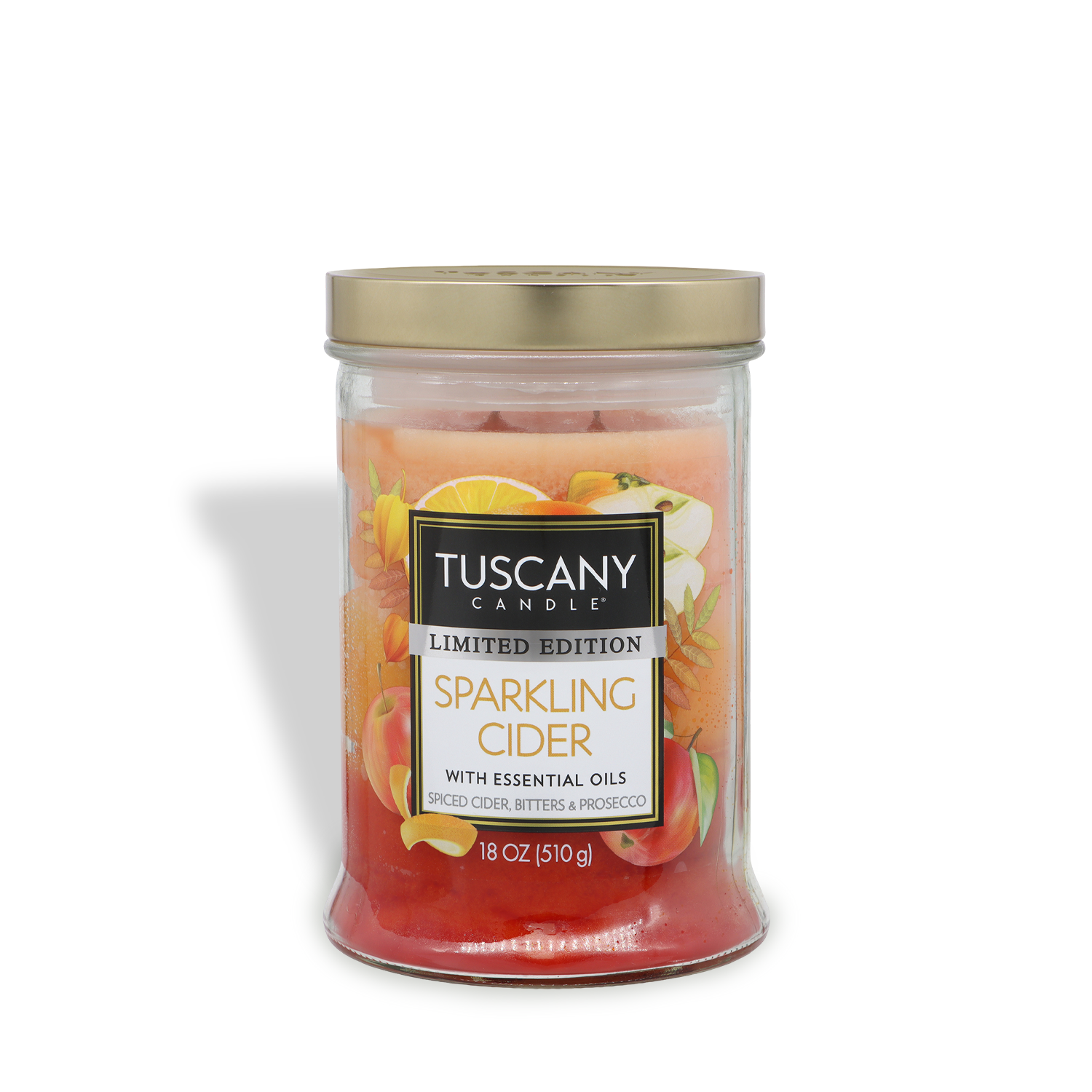 An 18 oz Tuscany Candle® SEASONAL "Sparkling Cider: Bitters & Prosecco" scented fall candle in a glass jar with a gold lid, featuring label images of apples, oranges, and spices.
