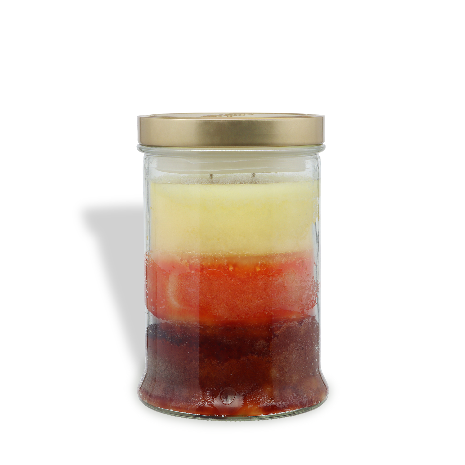 The Tuscany Candle® SEASONAL Pumpkin Spice Latte: Espresso & Oat Milk Scented Fall Candle (18 oz) features three layers of yellow, orange, and brown wax in a glass jar with a metallic lid, displayed against a white background.
