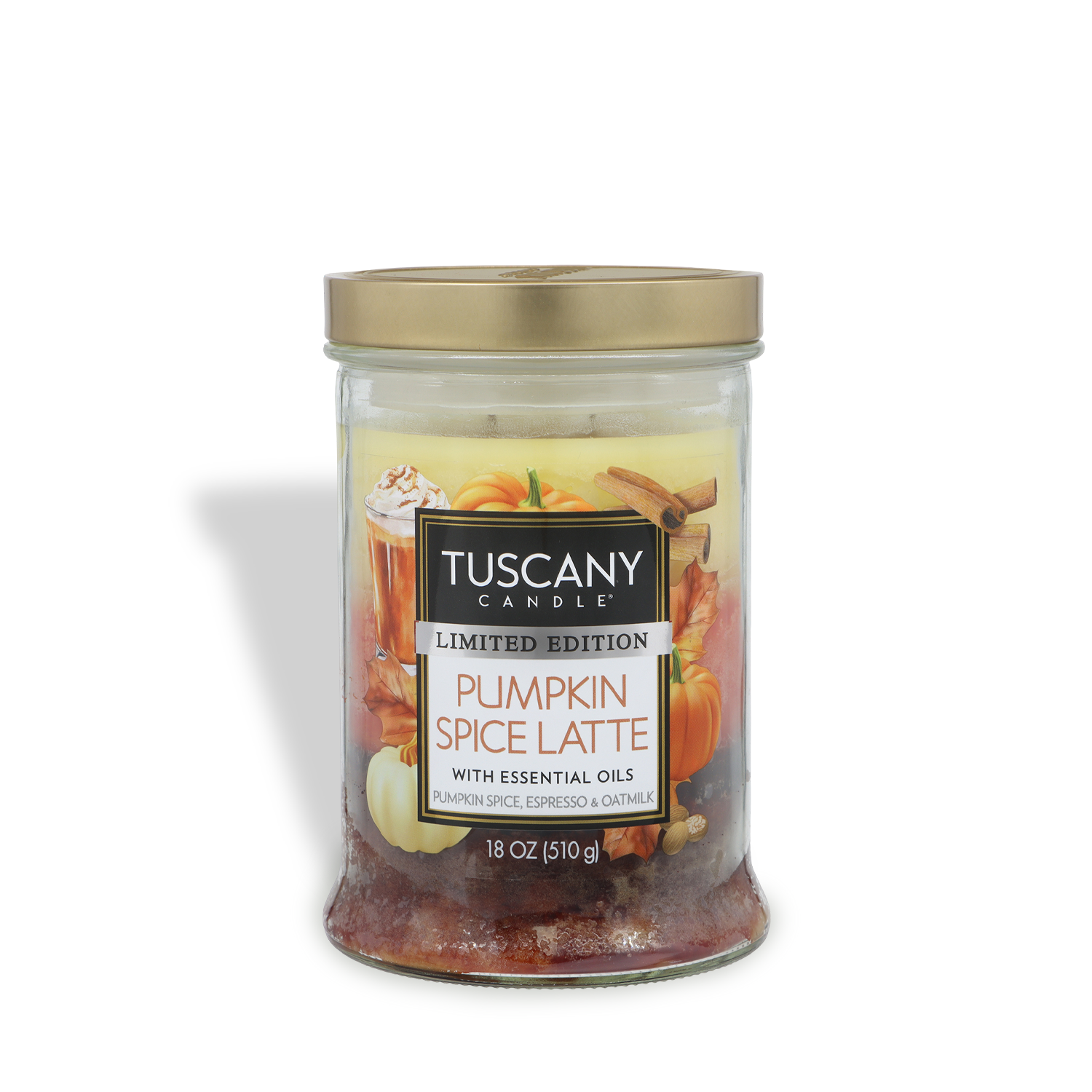 The Tuscany Candle® SEASONAL "Pumpkin Spice Latte: Espresso & Oat Milk" 18 oz fall candle features a gold lid, autumn graphics, essential oils, and is a limited edition.