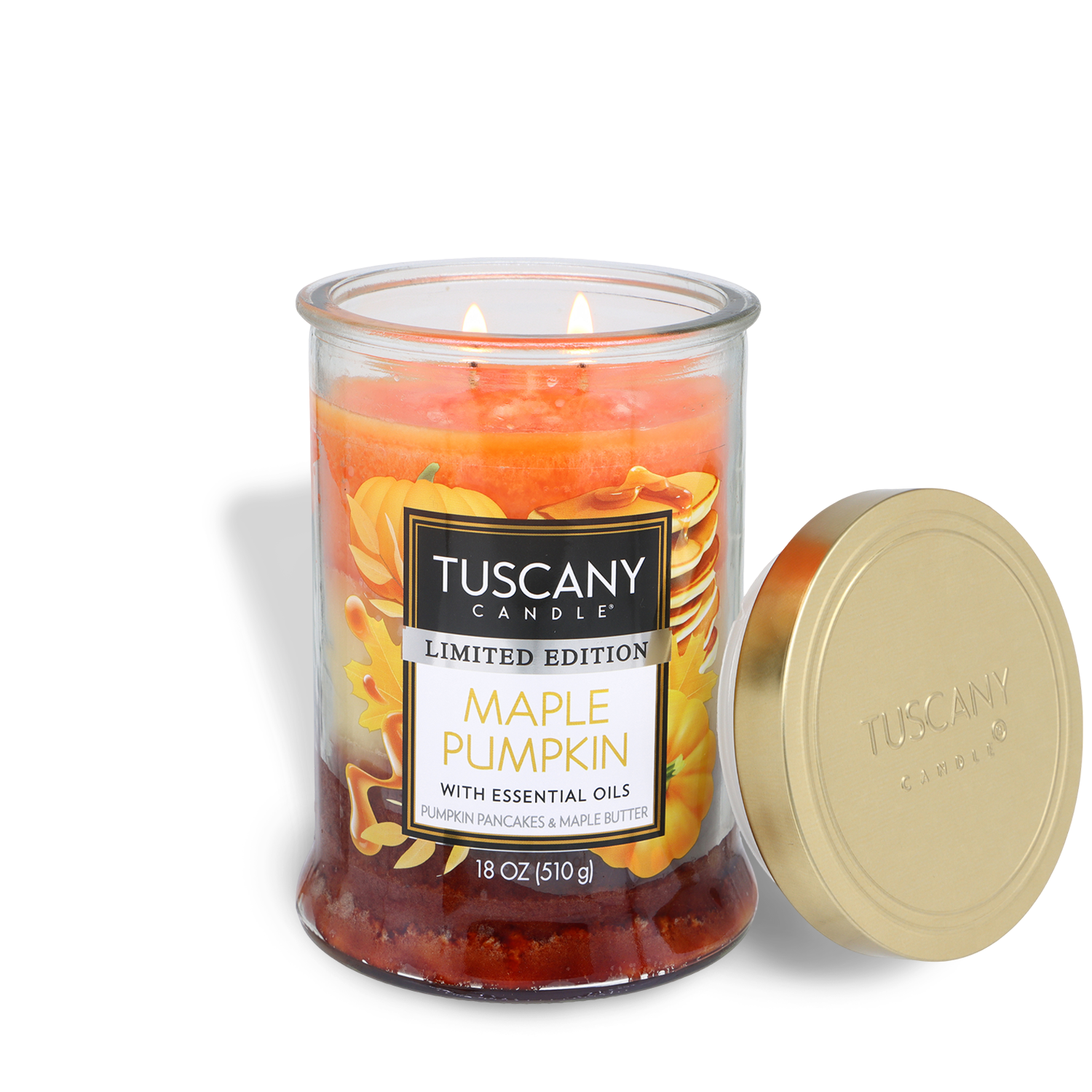 A limited edition Tuscany Candle® SEASONAL Maple Pumpkin: Buttered Pancake Scented Fall Candle (18 oz) sits in a glass jar with its lid to the side; the candle is orange and perfect for fall.