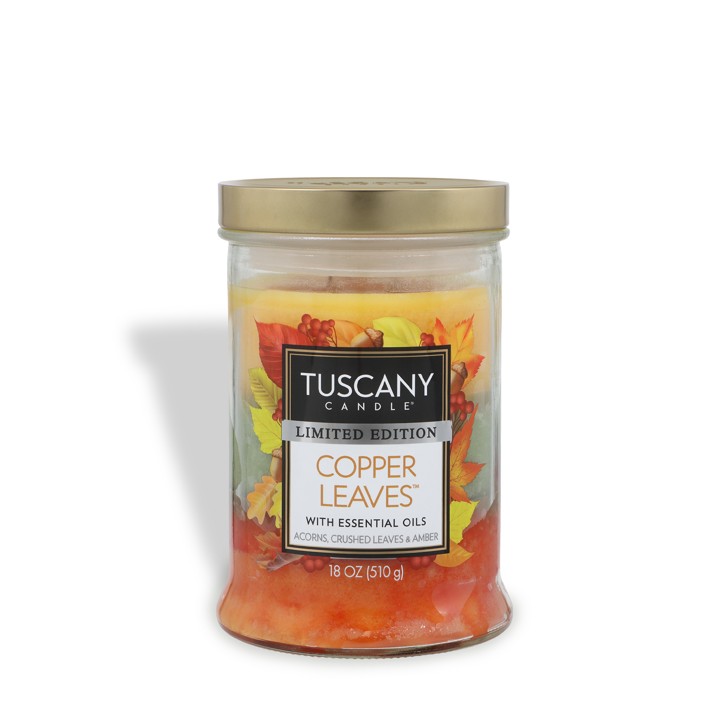 Experience the Tuscany Candle® SEASONAL Copper Leaves®: Acorns & Crushed Leaves Scented Fall Candle. This limited edition 18 oz (510g) candle features premium marbled wax and comes in a glass jar adorned with autumn leaves and topped with a gold lid—perfect for filling your home with a cozy fall fragrance on crisp evenings.