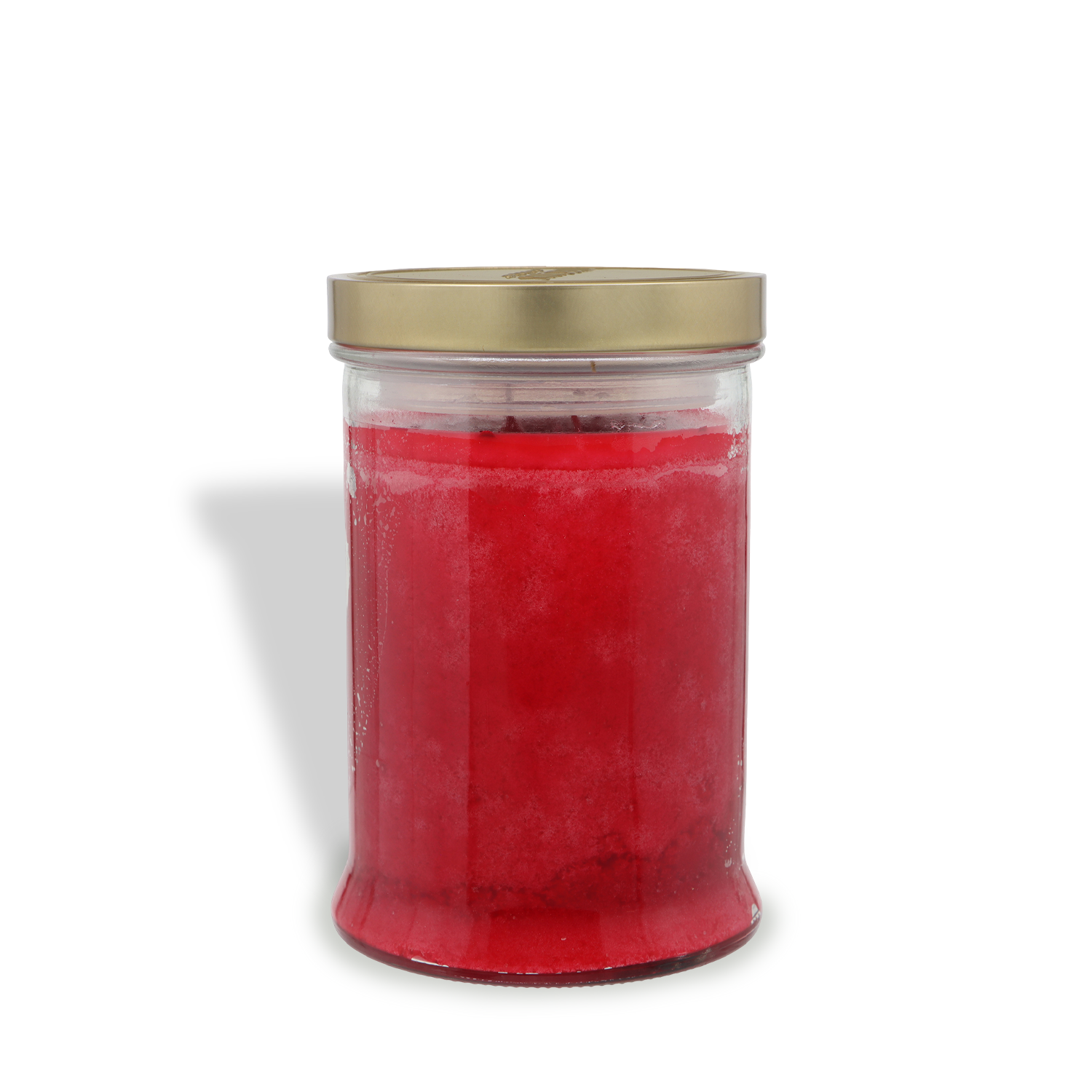 An 18 oz clear glass jar of Tuscany Candle® SEASONAL Hickory Apple: Spiced Apple & Golden Hay scented fall candle, sealed with a gold lid, casts a shadow on a white background.