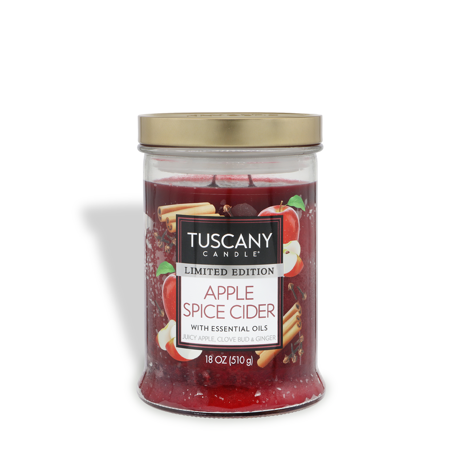 An 18 oz glass jar of Tuscany Candle® SEASONAL Apple Spice Cider: Clove Bud & Ginger scented fall candle, with a label adorned with apples and cinnamon.