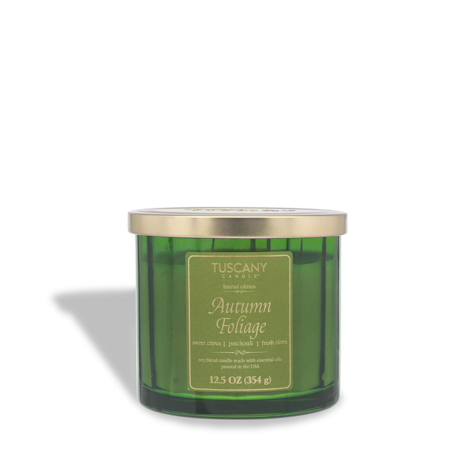 The Tuscany Candle® SEASONAL Autumn Foliage: Citrus & Patchouli Scented Fall Candle (12.5 oz) blends sweet citrus, patchouli, and fresh olive in a soy wax glass jar with gold lid—a perfect autumn fragrance for your home.