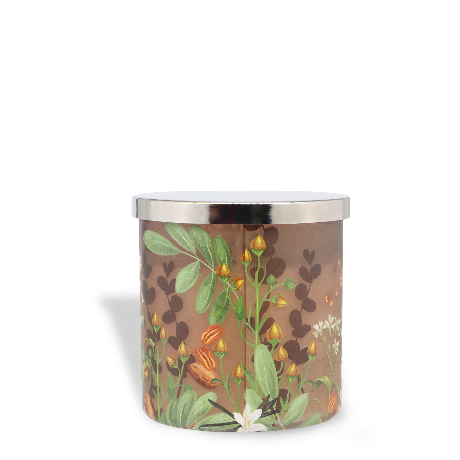 The Tuscany Candle® SEASONAL Pecan & Sage Crumble: Butter Cookie & Herbs Scented Fall Candle (14 oz) comes in a cylindrical container with a metallic lid, brown background, and a floral design of green leaves and orange flowers.