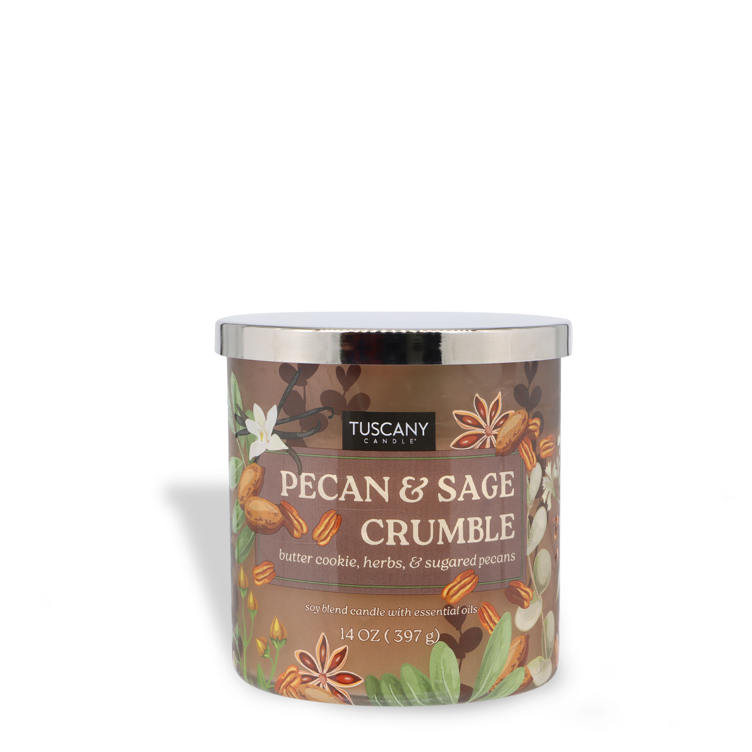 The Tuscany Candle® SEASONAL Pecan & Sage Crumble: Butter Cookie & Herbs Scented Fall Candle (14 oz) features a three-wick design, metallic lid, and a jar decorated with pecan, herb, and spice images.
