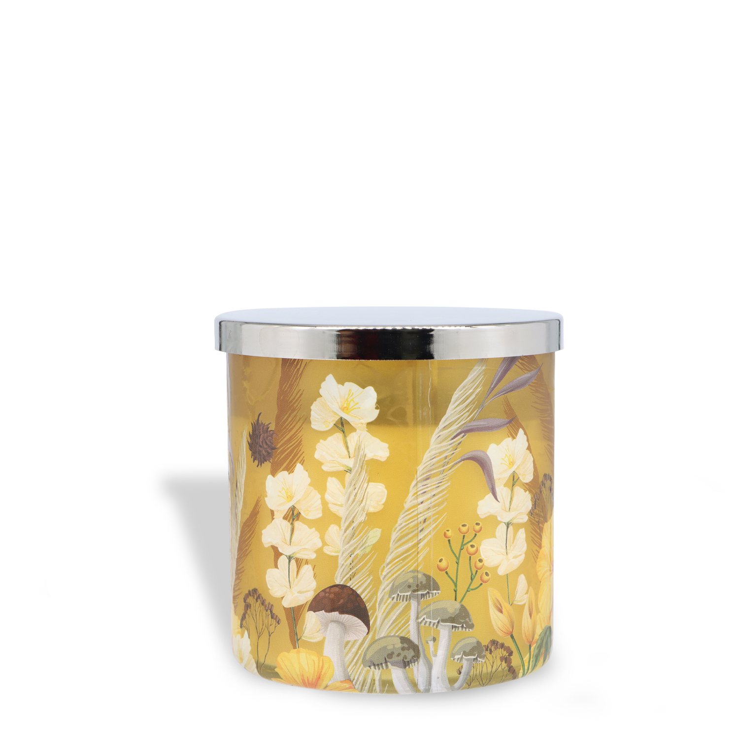 The Tuscany Candle® SEASONAL Twilight Amber: Peppercorn & Cardamom Scented Fall Candle (14 oz) features a yellow jar with a silver lid, adorned with floral, leaf, and mushroom illustrations.