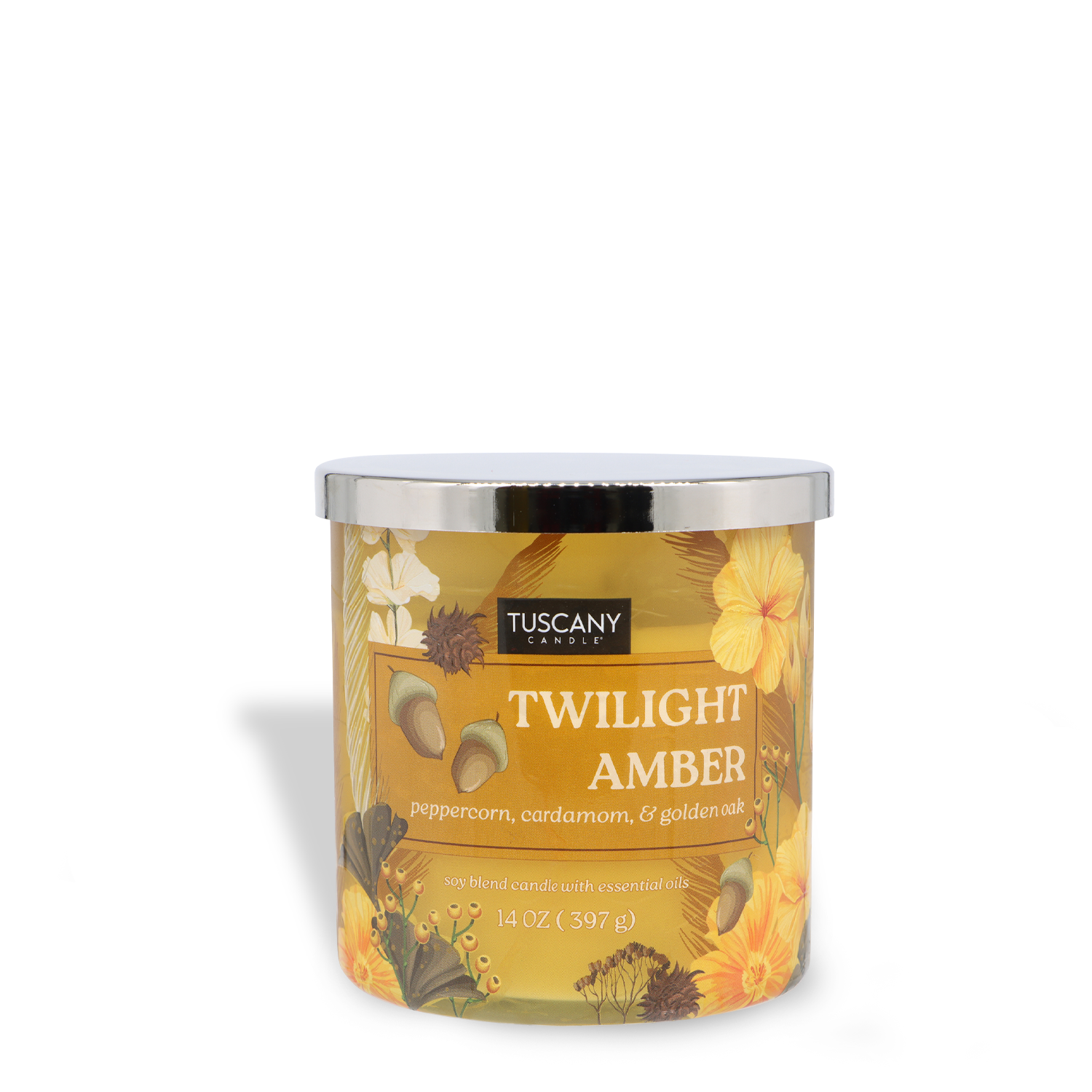 The Tuscany Candle® SEASONAL Twilight Amber: Peppercorn & Cardamom Scented Fall Candle (14 oz) features golden oak notes in a yellow floral container topped with a silver lid.