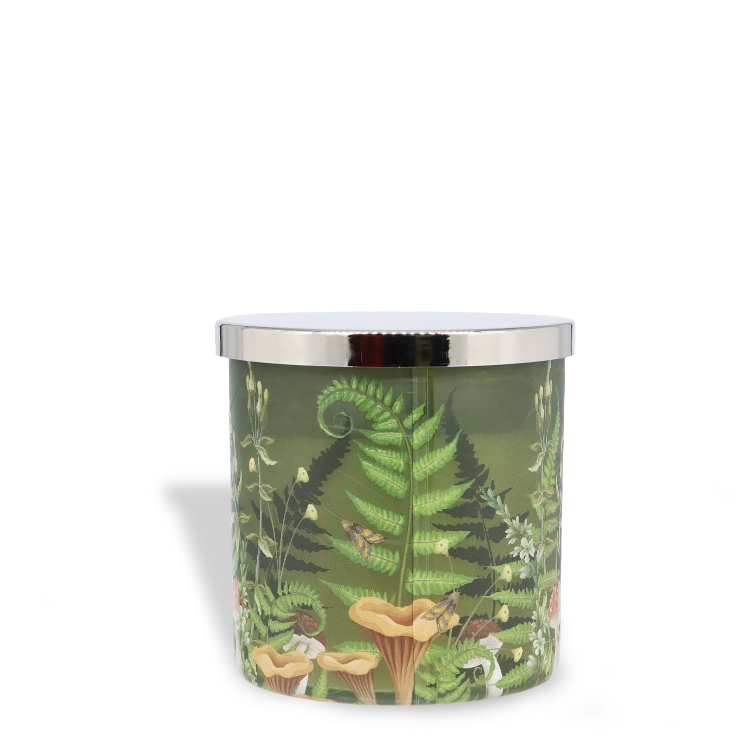 The Tuscany Candle® SEASONAL Wildwood Ferns: Cool Moss & Wildflower Scented Fall Candle (14 oz) features a green glass jar with a silver lid, adorned with botanical art of ferns, mushrooms, flowers, and bees.