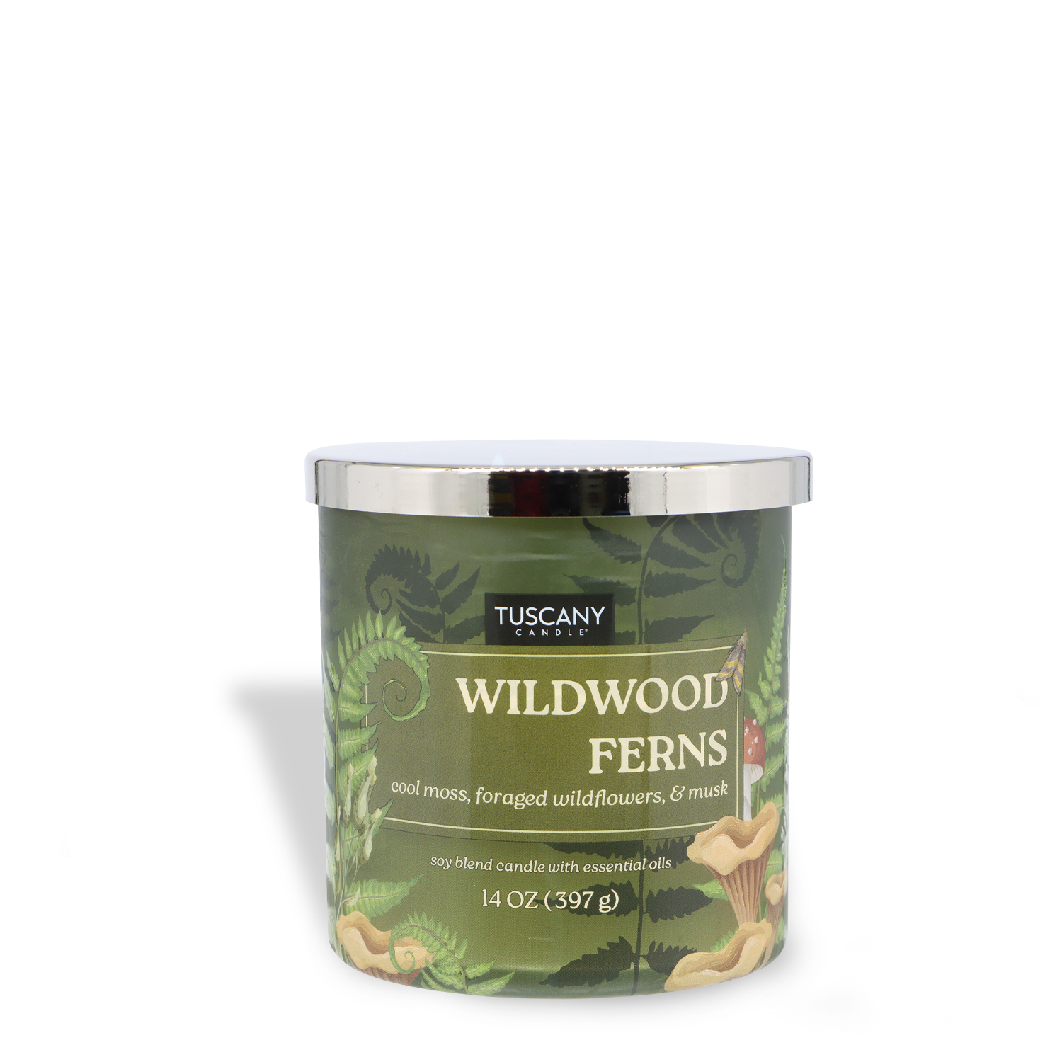 The Tuscany Candle® SEASONAL Wildwood Ferns: Cool Moss & Wildflower Scented Fall Candle (14 oz) is green with a silver lid, decorated with fern and mushroom designs, and features notes of cool moss, wildflowers, and musk.