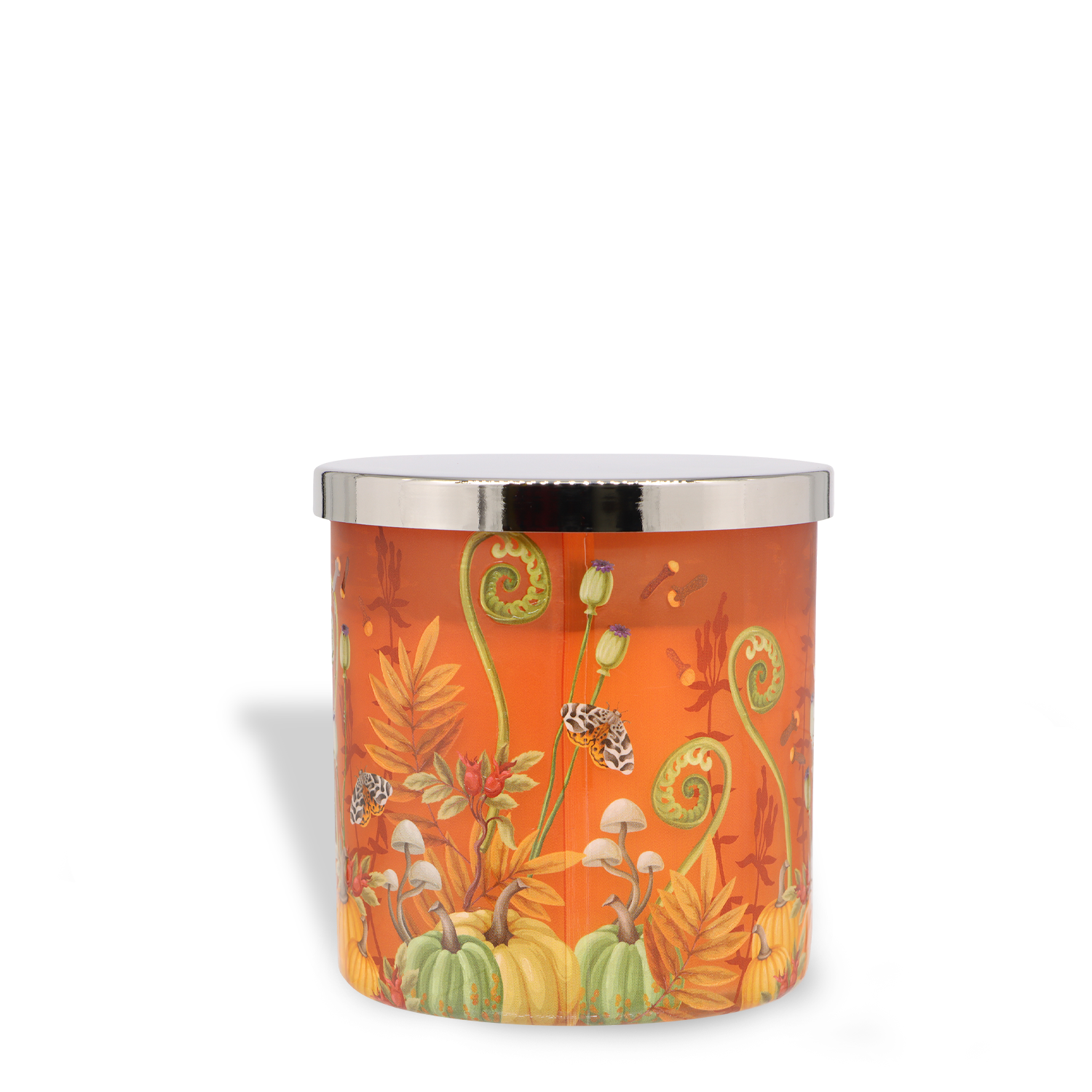The Cozy Pumpkin & Clove: Warm Tonka Scented Fall Candle (14 oz) by Tuscany Candle® SEASONAL comes in an orange cylinder with a metallic lid, adorned with fall leaves, pumpkins, mushrooms, and leopards.