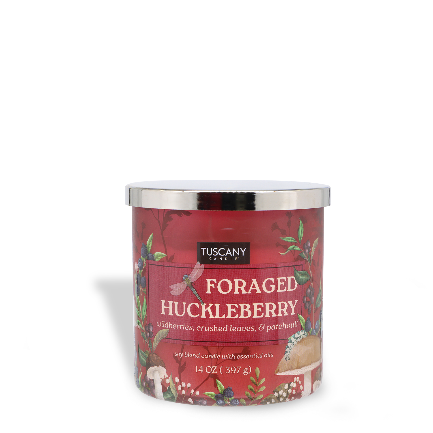 A 14 oz Tuscany Candle® SEASONAL "Foraged Huckleberry: Wild Berries & Crushed Leaves" scented fall candle in a glass jar with silver lid, featuring berry and leaf imagery.