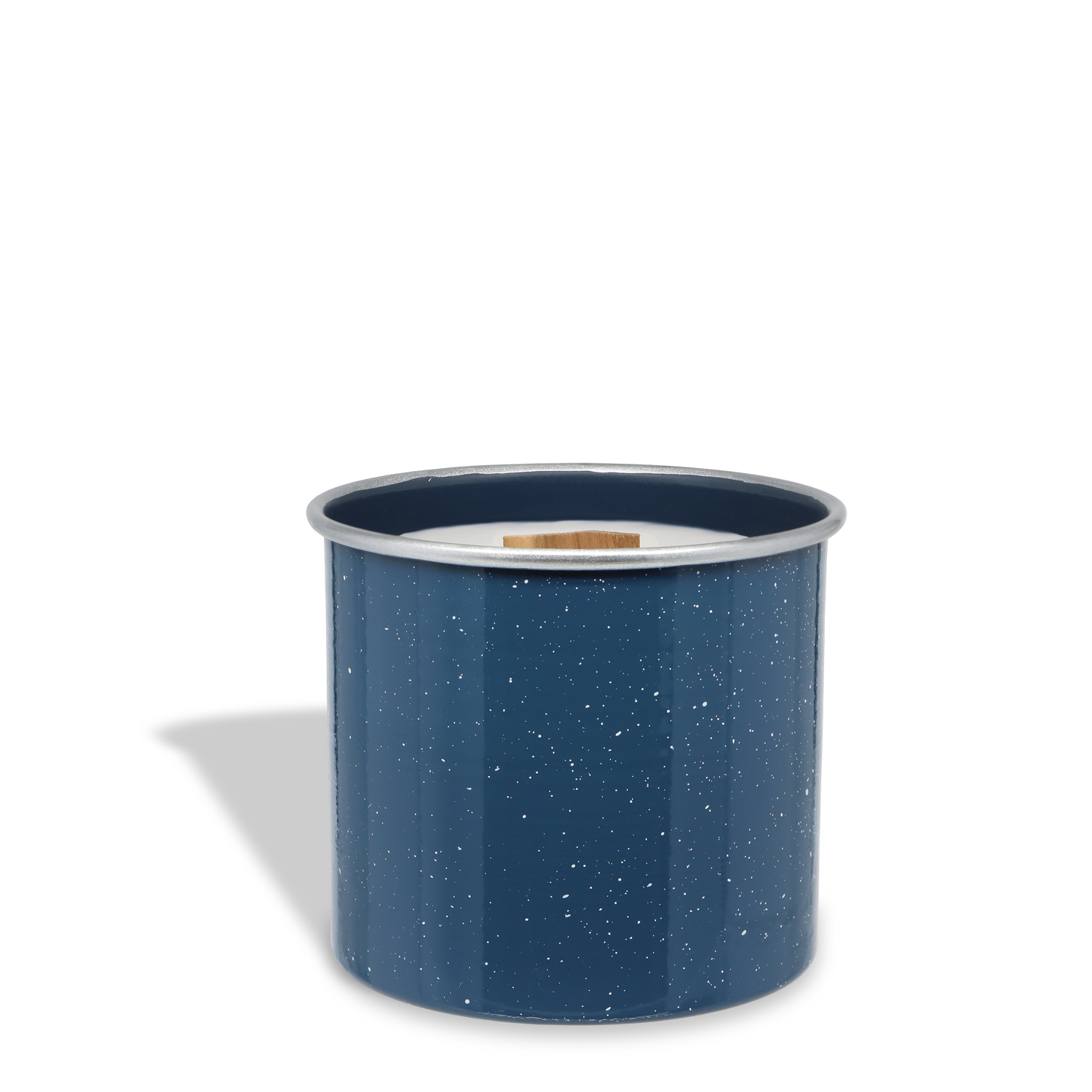A Tuscany Candle® SEASONAL Evening Fireside®: Smoky Embers & Birch scented fall wooden wick candle (14.5 oz), featuring a blue speckled enamel container with a metal rim and birchwood-like wooden handle, casts a shadow on a white background.