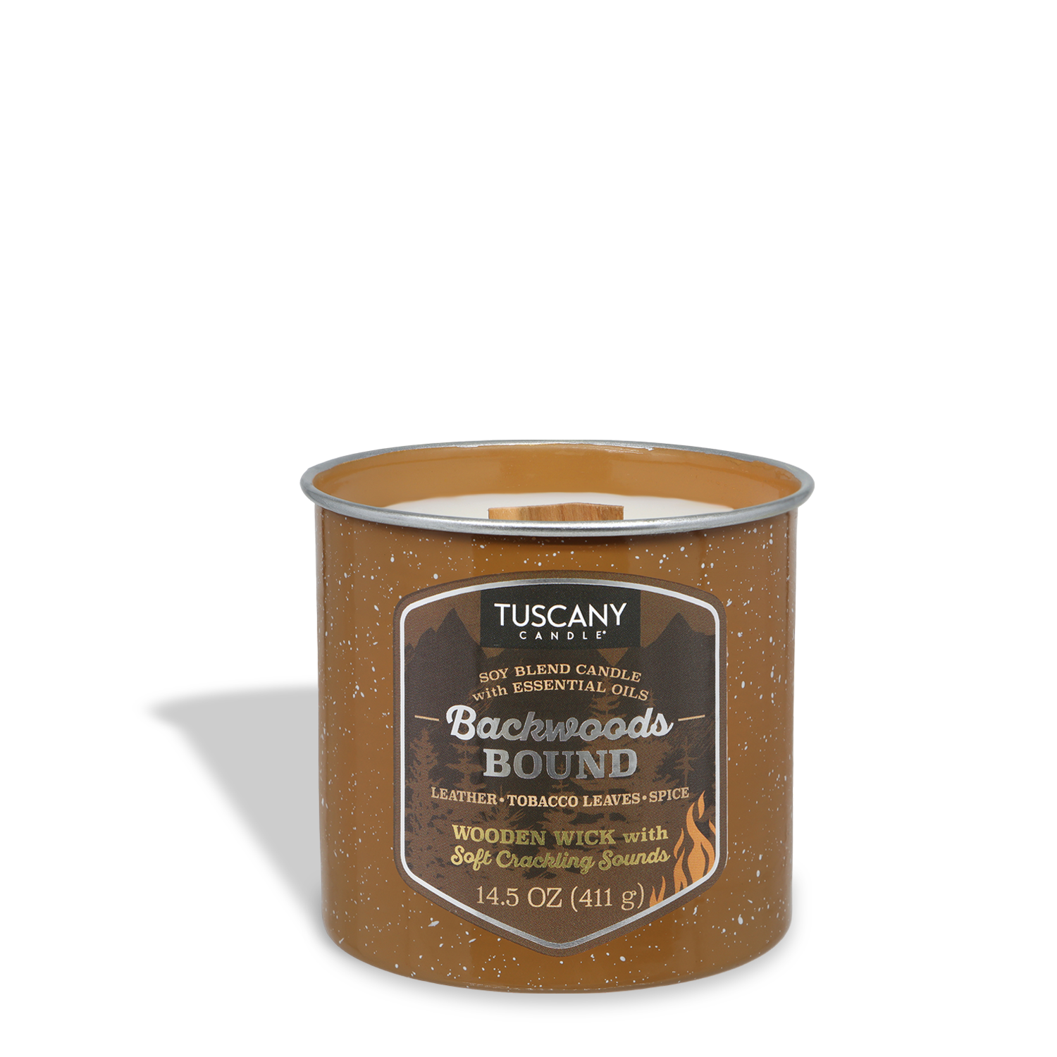 The Tuscany Candle® SEASONAL "Backwoods Bound: Leather & Tobacco" 14.5 oz fall candle features a wooden wick that softly crackles, blending tobacco, leather, and spice notes for a cozy autumn atmosphere.