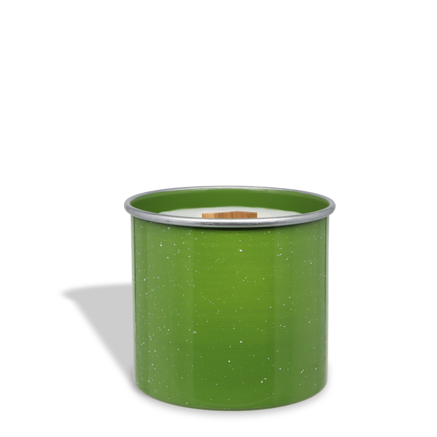 The Tuscany Candle® SEASONAL Wooded Wilderness: Evergreen & Cedar Scented Fall Wooden Wick Candle (14.5 oz) features white wax in a green, speckled metal cup and fills your space with a cozy forest aroma. Shown on a white background.