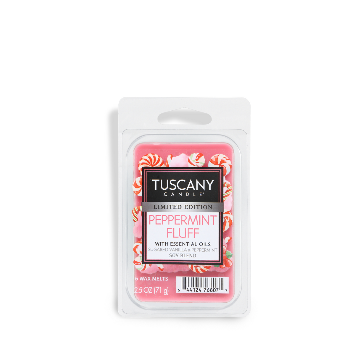 A rectangular package of Peppermint Fluff: Sugared Vanilla & Peppermint Scented Holiday Wax Melt (2.5 oz) containing pink wax melts topped with miniature peppermint candies.