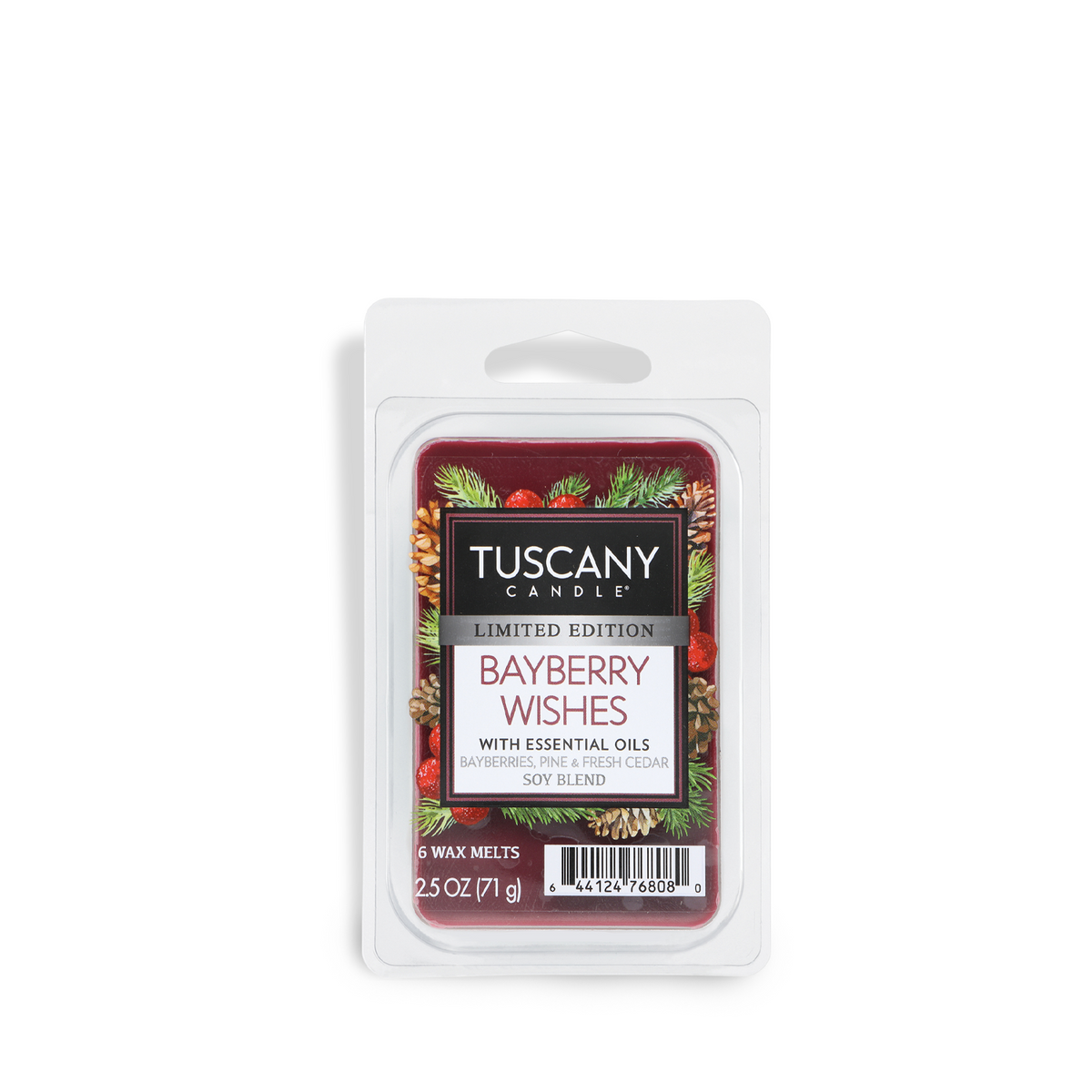 A package of Tuscany Candle® SEASONAL Bayberry Wishes: Bayberries & Pine Scented Holiday Wax Melt (2.5 oz) containing six wax melts decorated with pine branches, pinecones, and bayberries.