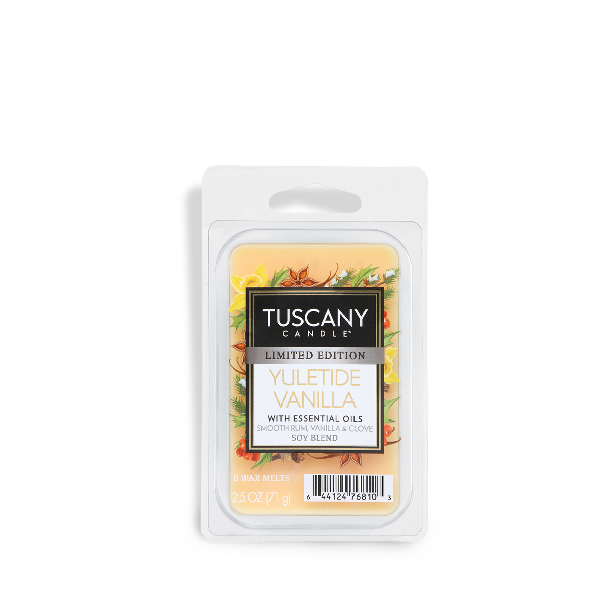 Tuscany Candle® SEASONAL Yuletide Vanilla: Smooth Rum & Clove Scented Holiday Wax Melt (2.5 oz) in a plastic clamshell package of six with illustrations of spices and holly.