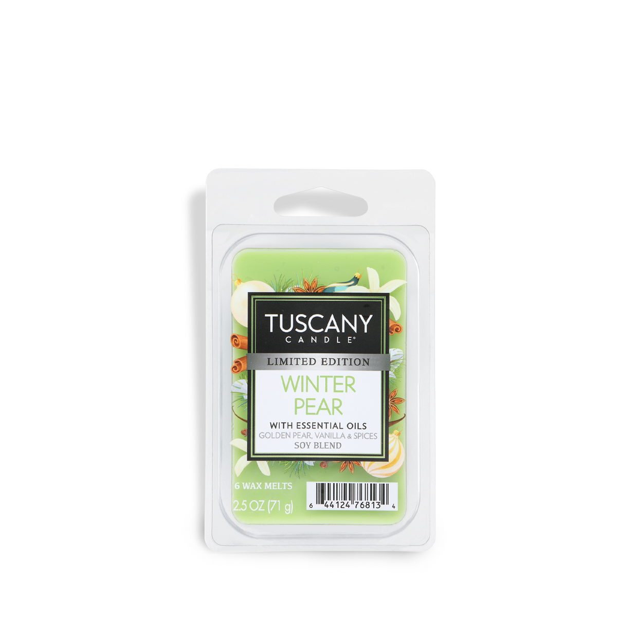 Package of six Tuscany Candle® SEASONAL Winter Pear: Golden Pear & Vanilla Scented Holiday Wax Melt (2.5 oz) with illustrations of pears, vanilla flowers, and cinnamon sticks.