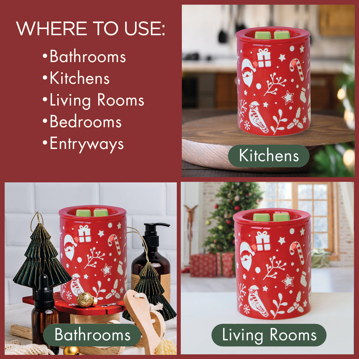 A red electric wax warmer for Winter Pear: Golden Pear & Vanilla Scented Holiday Wax Melt shown in three room settings, with a list of suggested locations including bathrooms, kitchens, and bedrooms.