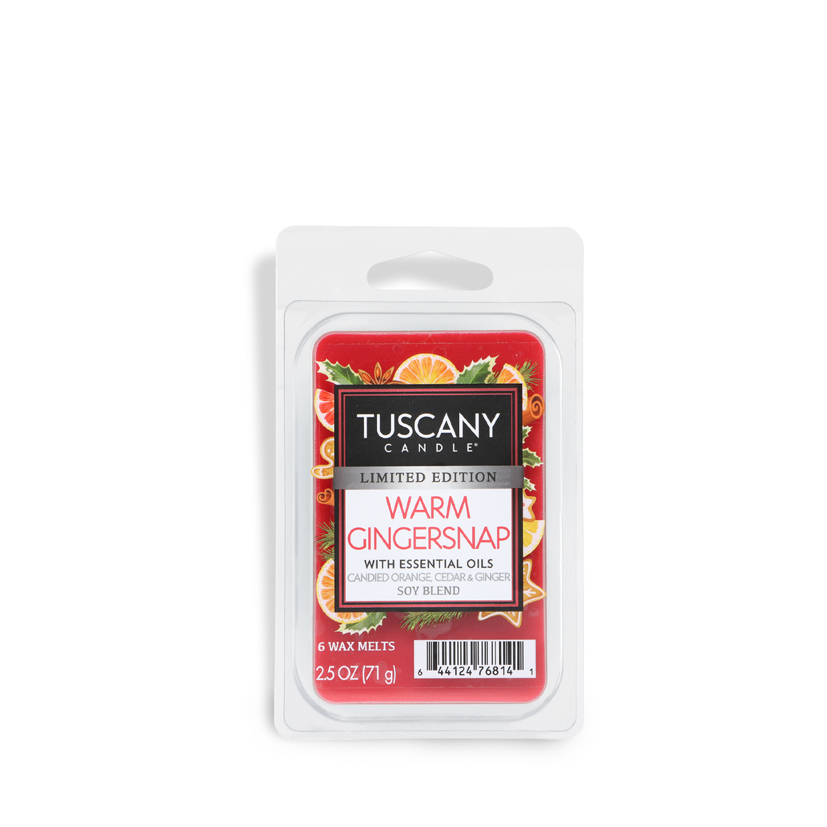 Tuscany Candle® SEASONAL Warm Gingersnap: Candied Orange & Cedar Scented Holiday Wax Melt (2.5 oz) featuring a label with orange slices and cinnamon sticks.