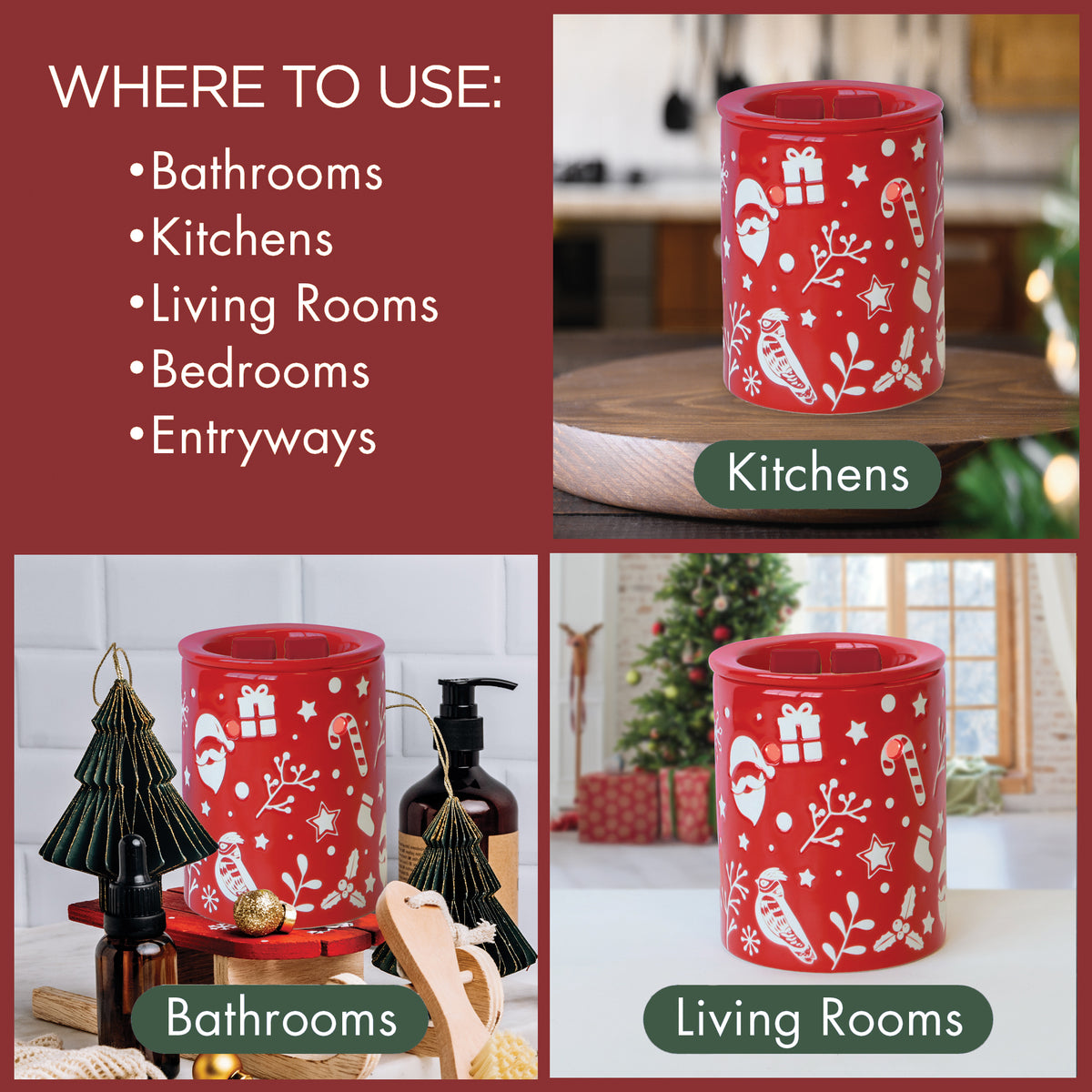 A red Tuscany Candle® SEASONAL Spiced Pinecones: Cinnamon & Pine Scented Holiday Wax Melt electric warmer with white winter icons, shown in a kitchen, bathroom, and living room with suggested use locations.