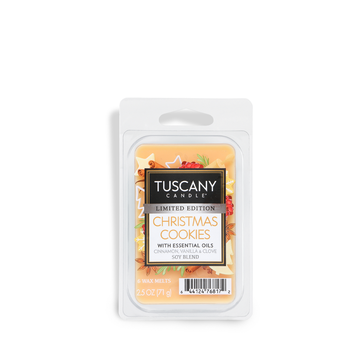 A package of six Christmas Cookies: Cinnamon Spice & Vanilla Scented Holiday Wax Melt (2.5 oz) featuring an illustration of cinnamon sticks, star anise, and berries.