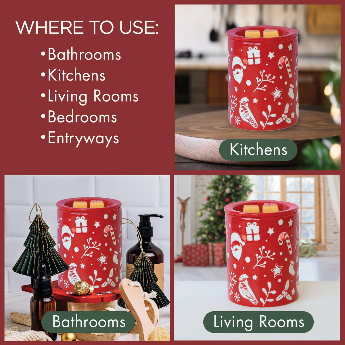 A red Christmas Cookies: Cinnamon Spice & Vanilla Scented Holiday Wax Melt (2.5 oz) wax warmer with white winter icons, shown in kitchen, bathroom, and living room settings.