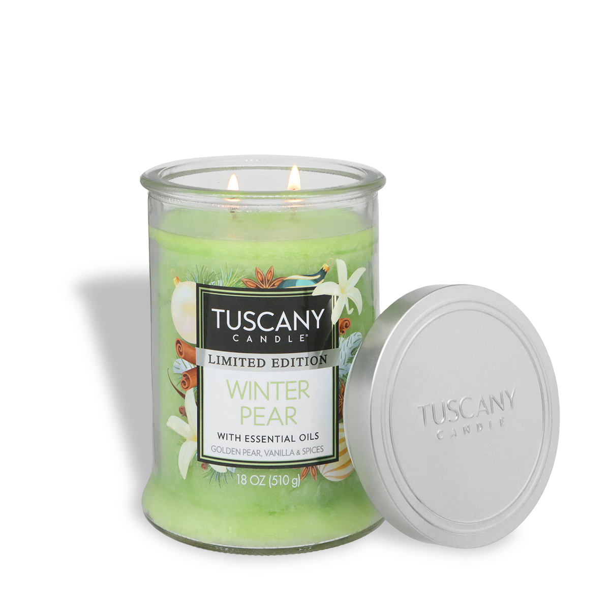Tuscany Candle® SEASONAL Winter Pear: Golden Pear & Vanilla Scented Holiday Candle (18 oz) in a clear, two-wick glass jar with light green wax, sitting next to its silver lid.