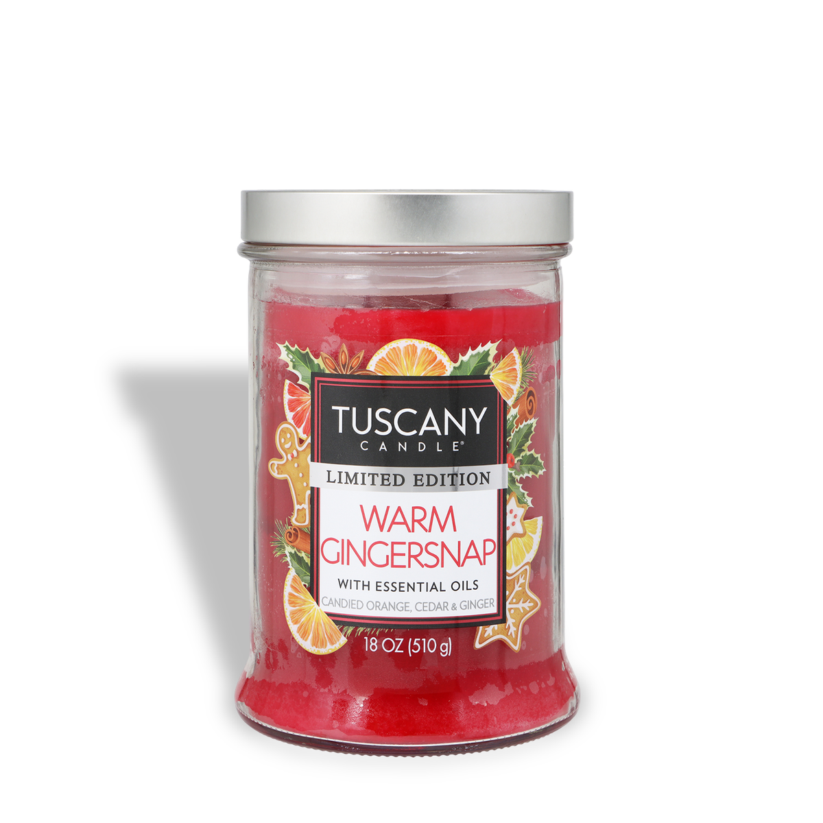 Warm Gingersnap: Candied Orange & Cedar Scented Holiday Candle (18 oz) in a red wax glass jar with a silver lid, featuring a label with gingerbread men, orange slices, and holly.