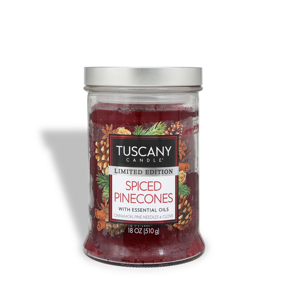 A Tuscany Candle® SEASONAL Spiced Pinecones: Cinnamon & Pine Scented Holiday Candle (18 oz) with dark red wax and a label featuring pinecones and cinnamon sticks.