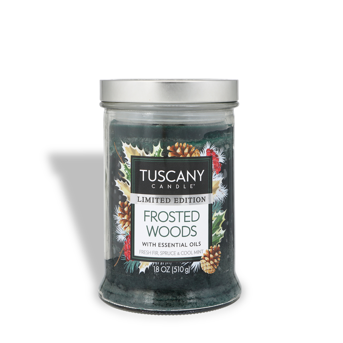 Tuscany Candle® SEASONAL Frosted Woods: Fresh Fir & Spruce Scented Holiday Candle (18 oz) with dark green wax and a seasonal woodland-themed label featuring pinecones, holly, and evergreen branches.