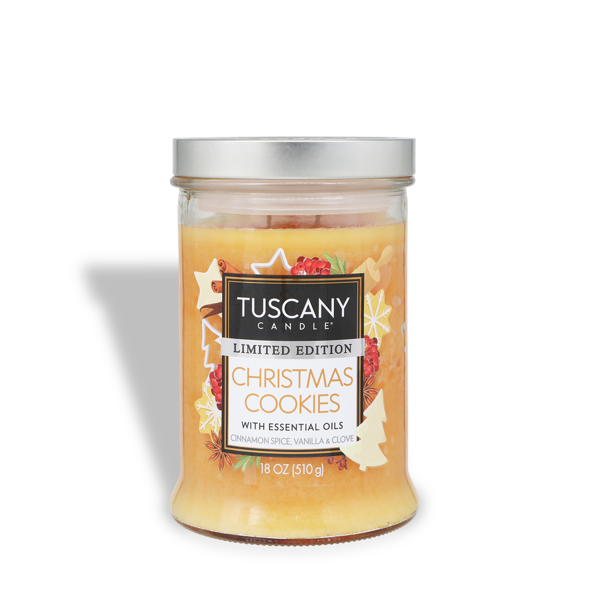 Tuscany Candle® SEASONAL Christmas Cookies: Cinnamon Spice & Vanilla Scented Holiday Candle (18 oz) in a jar featuring Christmas cookie graphics and the text “Christmas Cookies.”