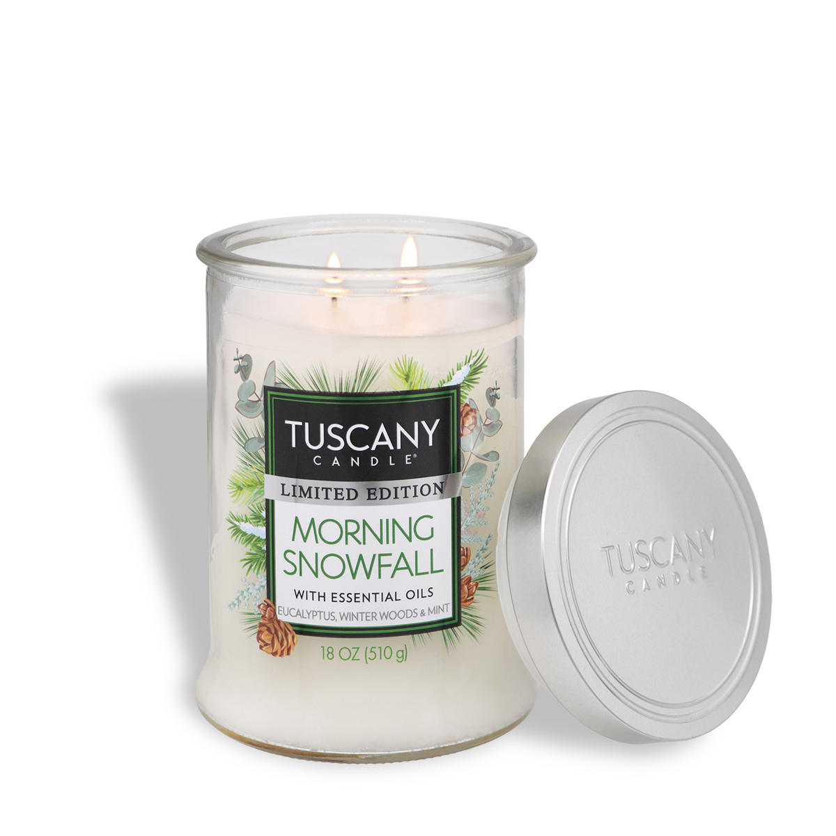 A Morning Snowfall: Eucalyptus & Winter Woods Scented Holiday Candle (18 oz) two-wick candle in a glass jar with a silver lid beside it.