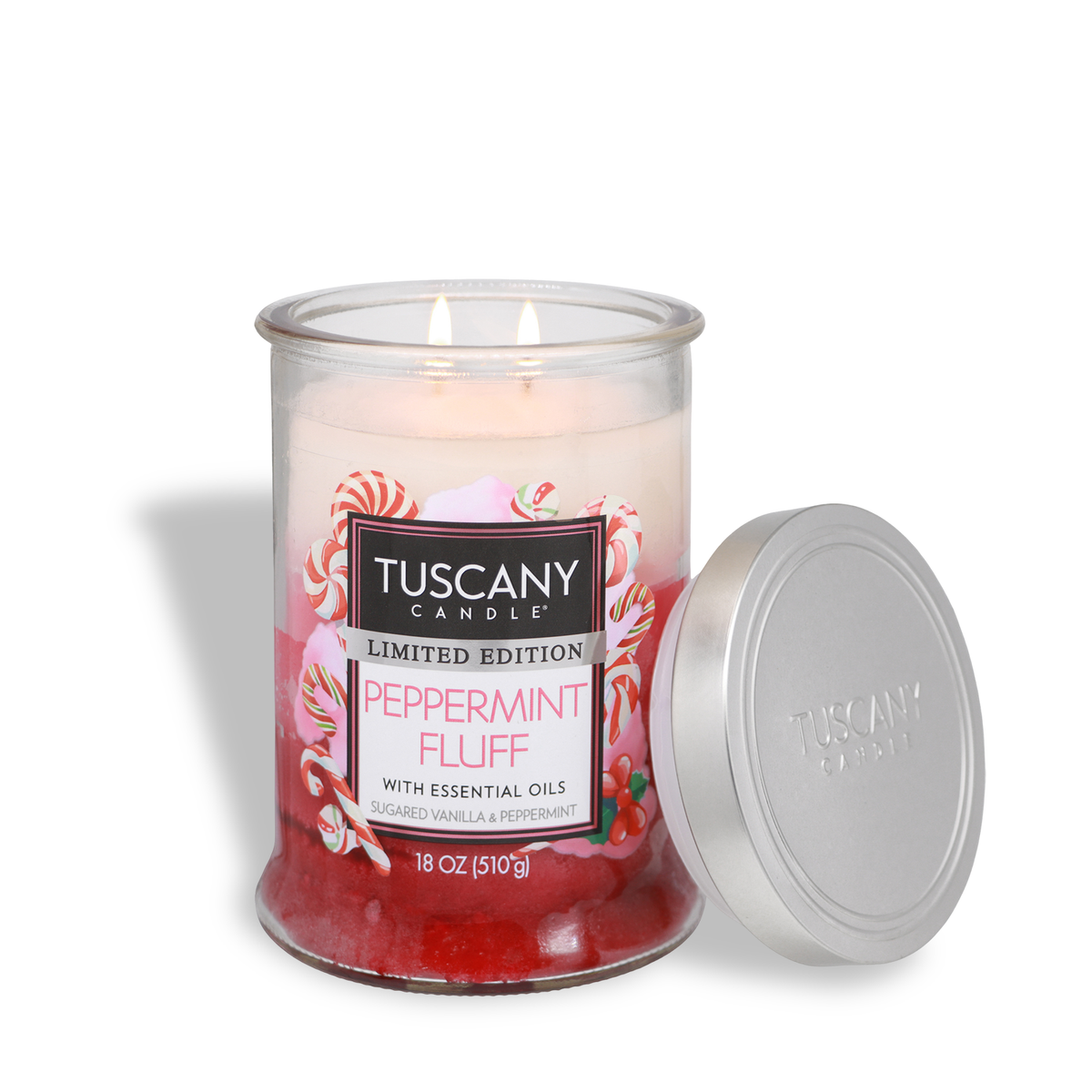 Tuscany Candle® SEASONAL Peppermint Fluff: Sugared Vanilla & Peppermint Scented Holiday Candle (18 oz) in a white-to-red wax gradient clear glass jar with a peppermint label and matching silver lid.