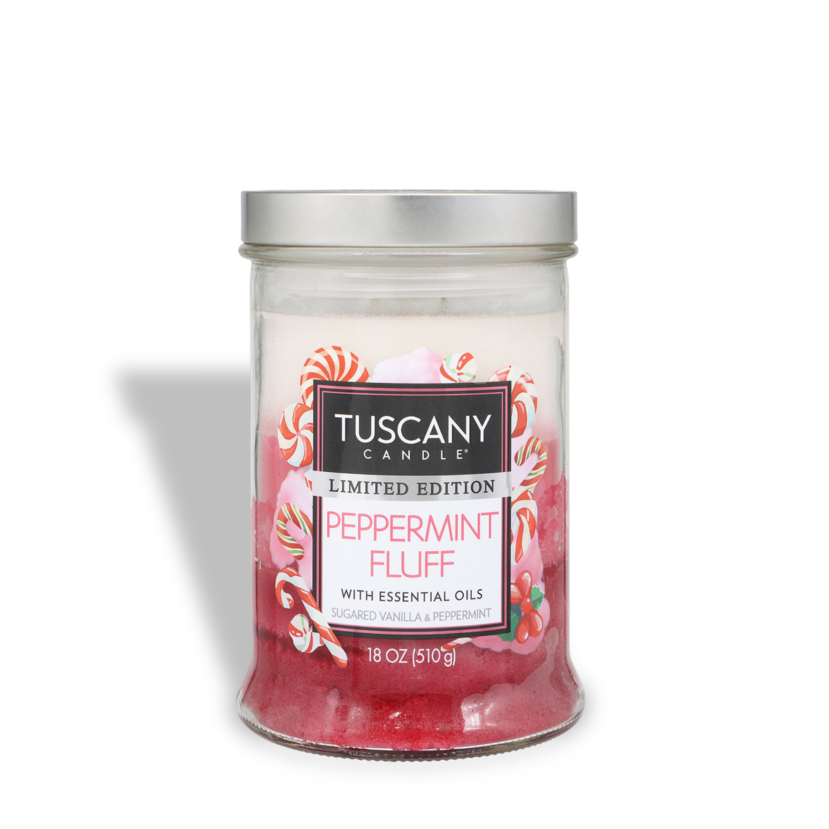A Tuscany Candle® SEASONAL Peppermint Fluff: Sugared Vanilla & Peppermint Scented Holiday Candle (18 oz) in a glass jar with a silver lid, surrounded by imagery of candy canes and peppermint candies.