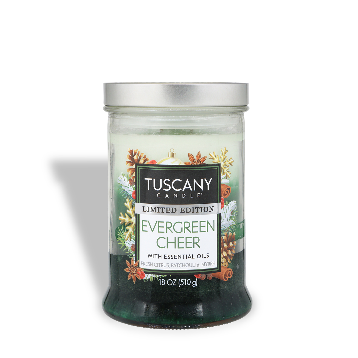 An 18 oz Tuscany Candle® SEASONAL Evergreen Cheer: Fresh Citrus & Patchouli Scented Holiday Candle in a glass jar with a metal lid and a label featuring holiday decorations.