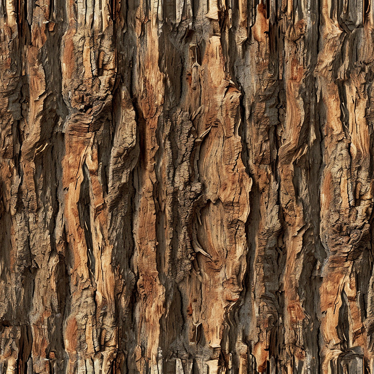 Close-up of deep, vertical ridges and fissures in rough tree bark, a texture inspired by the Snowdrift Juniper: Juniper Berry & Fresh Pine Scented Holiday Candle (18 oz).