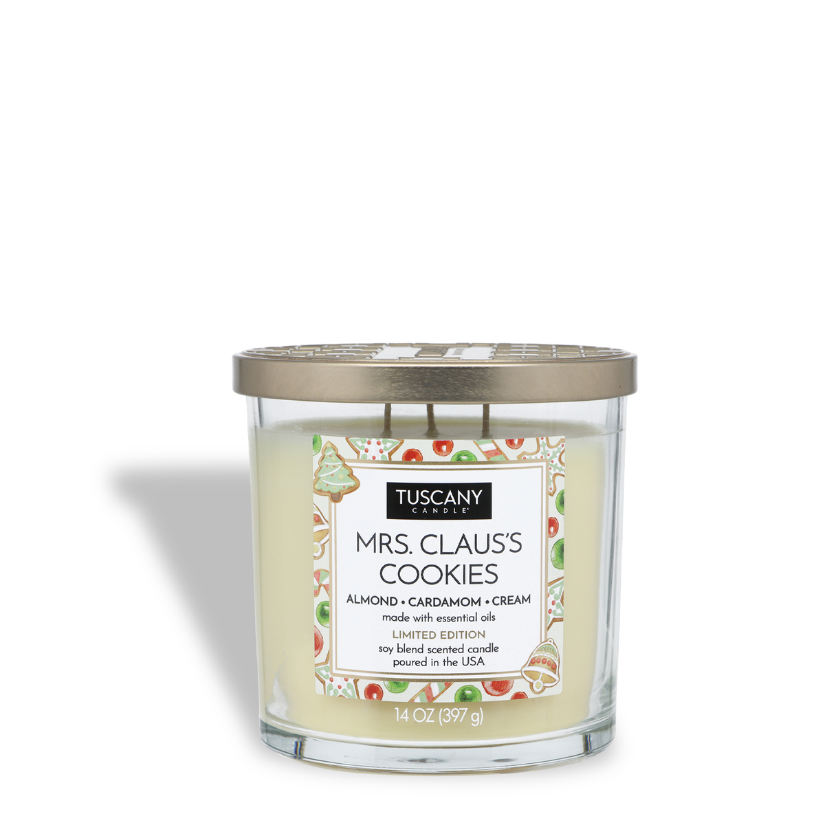 A 14 oz Tuscany Candle® SEASONAL Mrs. Claus’s Cookies: Almond & Cardamom Scented Holiday Candle in a glass jar with a gold lid and a label featuring cookie illustrations.