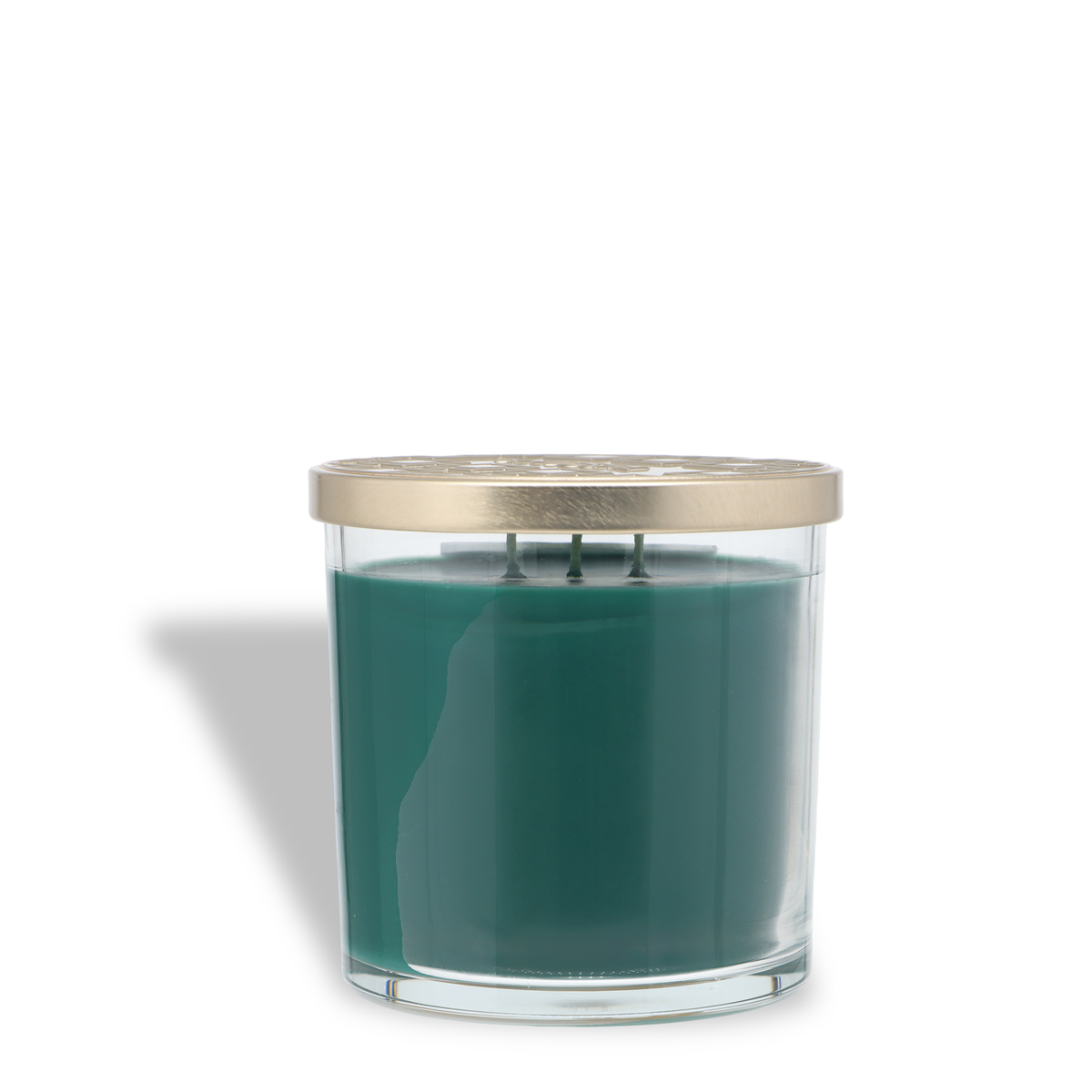 Woodland Path®: Evergreen & Birch Scented Holiday Candle (14 oz) in a clear glass jar with dark green wax and a metallic gold lid.