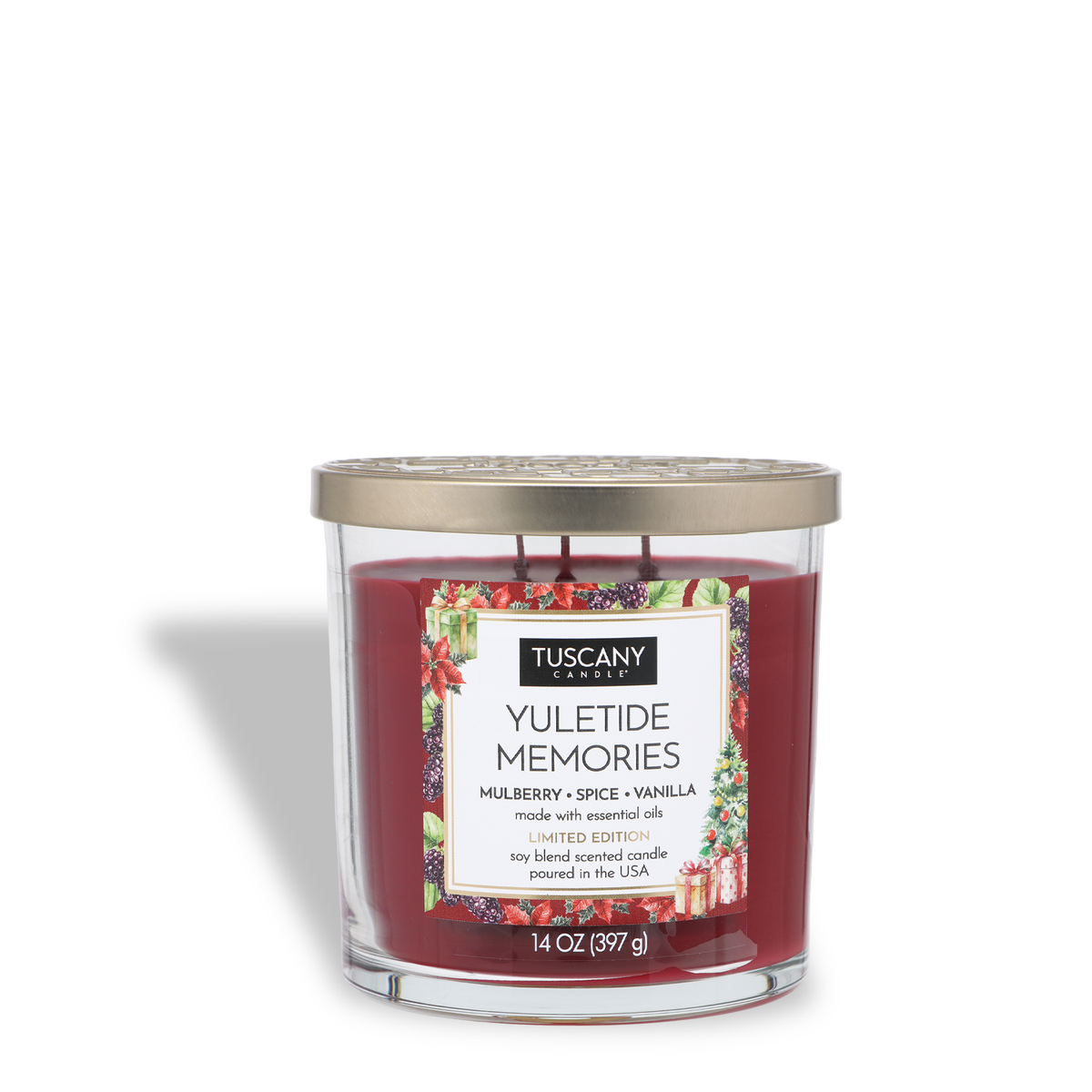 Tuscany Candle® SEASONAL Yuletide Memories: Mulberry & Spice Scented Holiday Candle (14 oz) in a clear glass jar with deep red wax, a gold-toned lid, and three wicks.